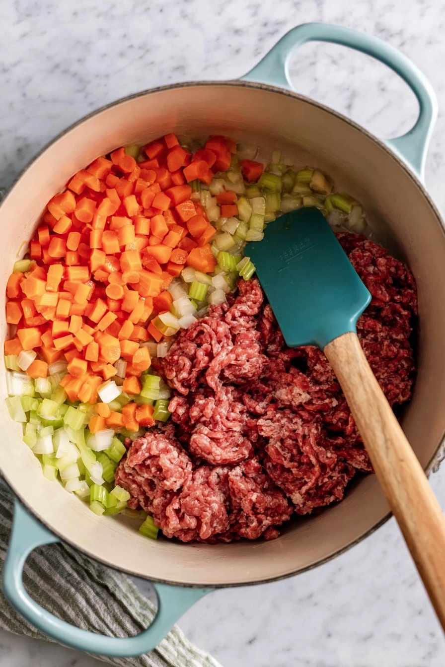 The image shows a white bowl filled with thick, creamy soup that has a light yellow color with visible chunks of vegetables in red, yellow, and green shades as well as bits of meat throughout. On top of the soup, there are small pieces of crispy, browned bacon scattered. Next to the bowl, there is a larger white bowl with the same soup inside, sitting on a cloth with a checkered pattern. The background surface is a white marbled texture. photo taken with an iphone --ar 2:3 --v 7