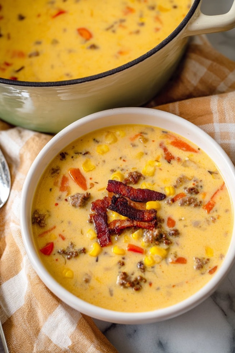 Inside a large white pot, there is a colorful mix of diced veggies including orange carrots, light green celery, and translucent onions forming the base layer at the bottom. On top of these vegetables, two types of raw ground meat are placed side by side: one is bright red ground beef, and the other is a lighter pink ground meat with small white fat streaks. A teal spatula with a light wooden handle rests inside the pot, positioned above the meats. The pot sits on a white marbled surface, with a striped cloth partially visible on the lower left. Photo taken with an iphone --ar 2:3 --v 7