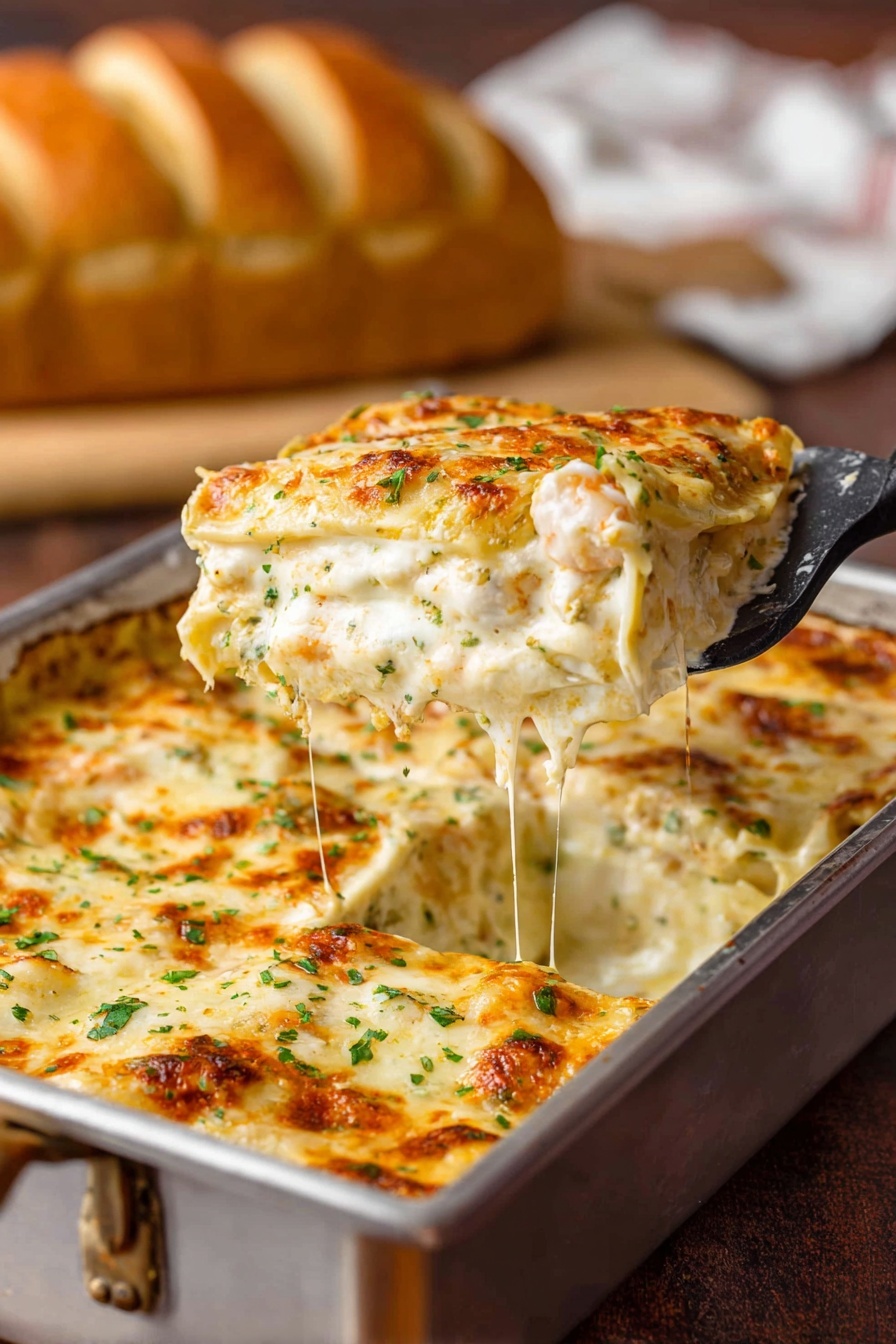 A white rectangular baking dish holds a creamy, cheesy lasagna with a golden-brown top layer sprinkled with small green herbs. The lasagna has several thick layers, with a rich white cheese sauce filling visible between light, soft pasta sheets. A woman's hand is lifting a square portion with a metal spatula, showing the cheesy layers stretching slightly. In the background, a loaf of bread rests on a white marbled surface, softly out of focus. Photo taken with an iphone --ar 2:3 --v 7