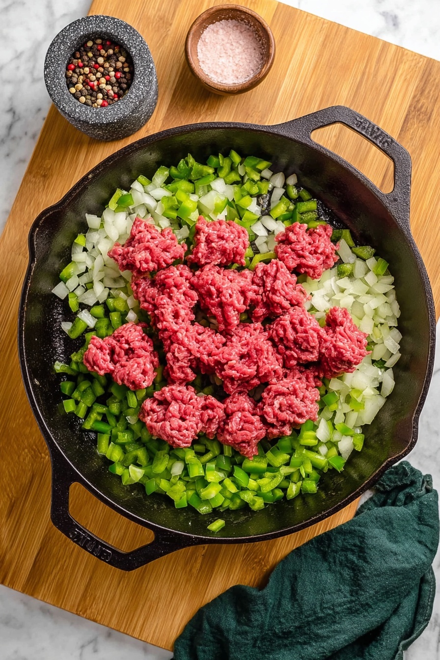 A close-up of a white plate with a portion of spaghetti layered with rich red tomato sauce mixed with browned ground meat, topped with melted yellow and white cheese and sprinkled with fresh green chopped herbs. The spaghetti strands are slightly twisted and coated in the sauce, making the dish look creamy and hearty. The plate rests on a wooden table with fresh green herbs around it and a gold fork at the bottom right. In the background, a white casserole dish filled with more of the cheesy spaghetti bake is slightly out of focus, with green herbs and a red bell pepper nearby. Photo taken with an iphone --ar 2:3 --v 7