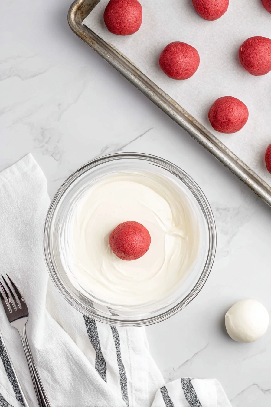 The image shows two red velvet cake balls placed side by side on a small white plate, which sits on a larger white plate. Each cake ball has two main layers: the inside is a rich, dark red cake with a soft and crumbly texture, while the outside is covered in a smooth, creamy white coating with small red sprinkles on top. In the blurred background, there are more cake balls drizzled with red sauce and a white mug with a black grid pattern on a white marbled surface. Photo taken with an iphone --ar 2:3 --v 7