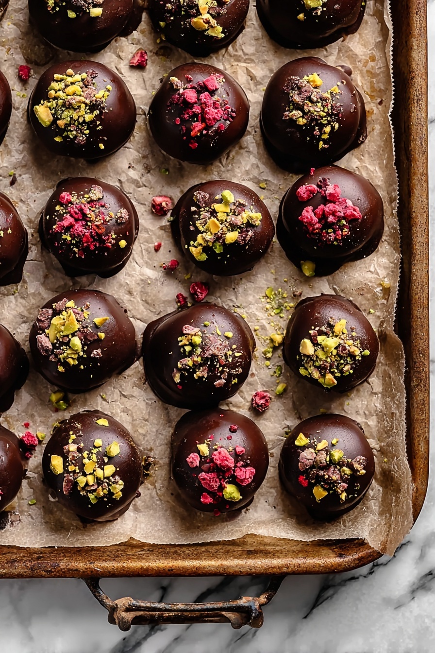 A tray lined with crinkled parchment paper holds 21 round chocolate truffles arranged closely together. Each truffle has a smooth, shiny dark chocolate coating with a thick, even layer. The truffles are topped with three different types of crunchy sprinkles: small crushed pistachio pieces in green and yellow, small dark brown cacao nibs, and bright red dried berry crumbs. The toppings are scattered mainly on the top center of each truffle, adding texture and color contrast. The tray’s edge and handles show a rustic metal look, and the background visible beyond the tray is a wood texture. photo taken with an iphone --ar 2:3 --v 7