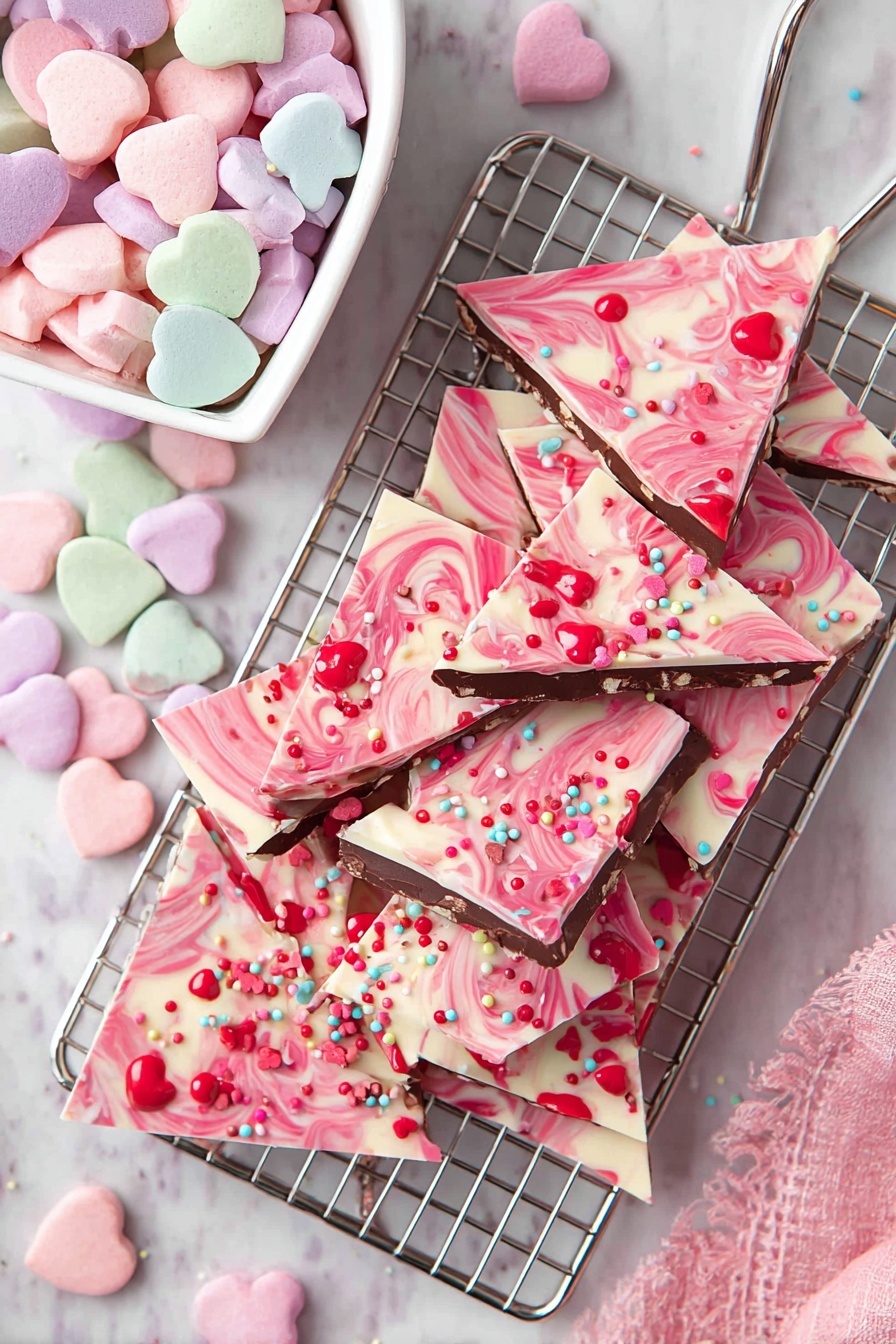 A pile of pink and white swirled candy bark broken into irregular triangular pieces sits on a silver cooling rack over a wood texture surface. The bark has a smooth, creamy texture with red, pink, white, and purple candy-coated chocolate buttons, small heart-shaped candies in pastel colors, and red and pink sprinkles scattered on top. To the left, a white heart-shaped bowl filled with pastel heart-shaped candies sits on the same surface. Some candies are scattered around the rack, adding color and festivity. The overall look is bright, sweet, and festive with a mix of soft pastel and bold red colors. photo taken with an iphone --ar 2:3 --v 7