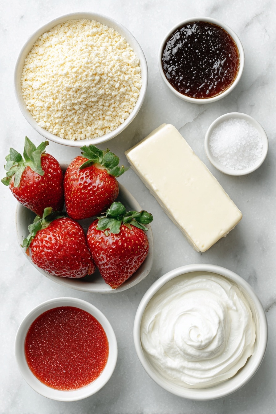Flat lay of six whole golden Oreo cookies finely crushed in a small white ceramic bowl, a small white ceramic bowl with melted unsalted butter, a small white ceramic bowl with bright red strawberry flavored gelatin powder, a cluster of large fresh whole strawberries with green leaves intact, a block of smooth cream cheese, a small white ceramic bowl filled with powdered sugar, a small white ceramic bowl with heavy cream, a small white ceramic bowl containing vanilla extract, and a small white ceramic bowl with fine salt, all arranged symmetrically and balanced, placed on a clean white marble surface, soft natural light, photo taken with an iPhone, professional food photography style, fresh ingredients, white ceramic bowls, no bottles, no duplicates, no utensils, no packaging --ar 2:3 --v 7 --p m7354615311229779997