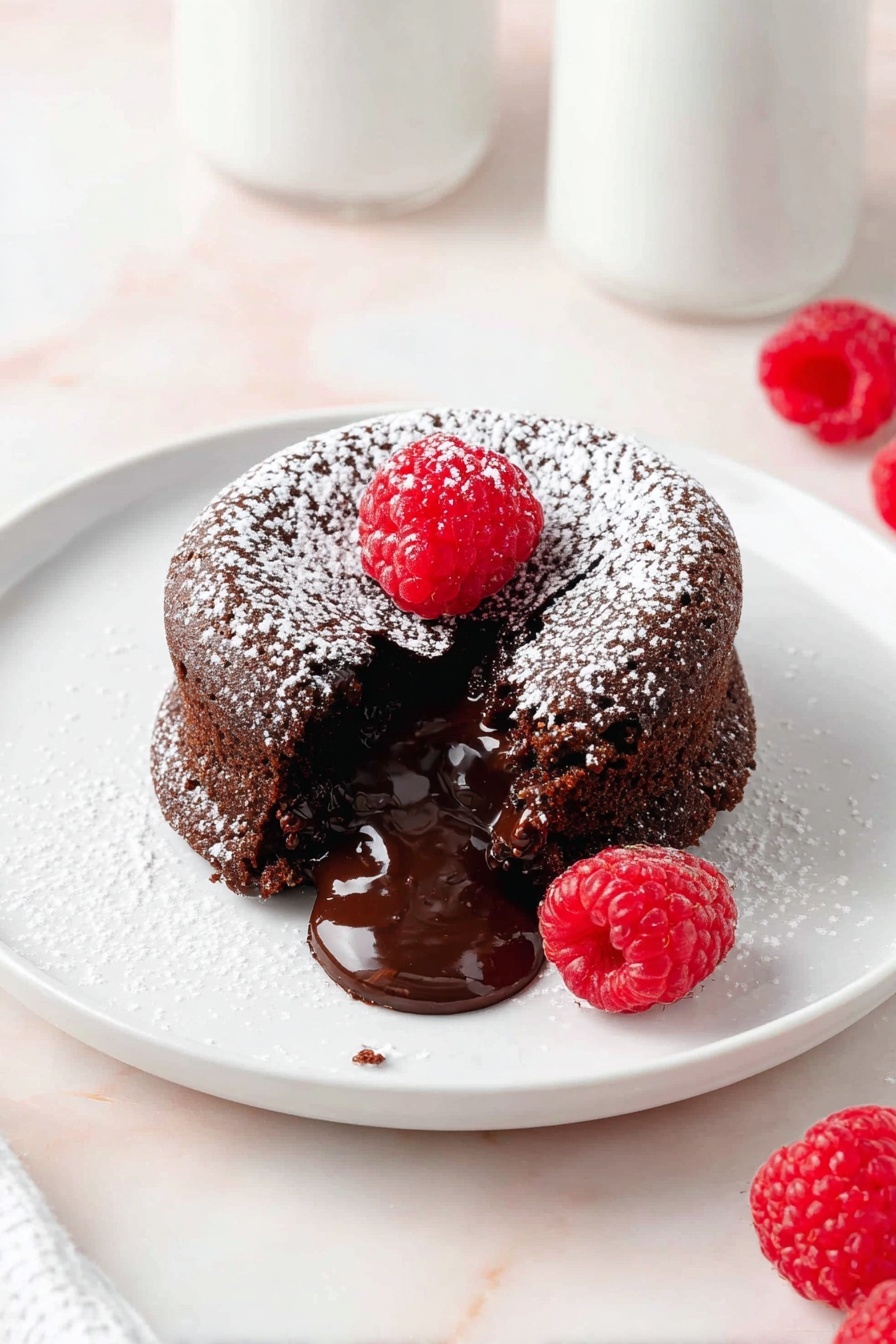 A small round chocolate cake sits in the middle of a white plate with a smooth surface. The cake has a dark brown color with a soft texture on the outside and a rich, melted chocolate center oozing out from a bite taken at the front. The top of the cake is dusted with a light layer of white powdered sugar and has a single bright red raspberry placed on it. Two more red raspberries rest on the plate, one near the cake and the other at the edge. The plate is set on a white marbled surface, and in the background, parts of white bottles and more raspberries are visible. photo taken with an iphone --ar 2:3 --v 7