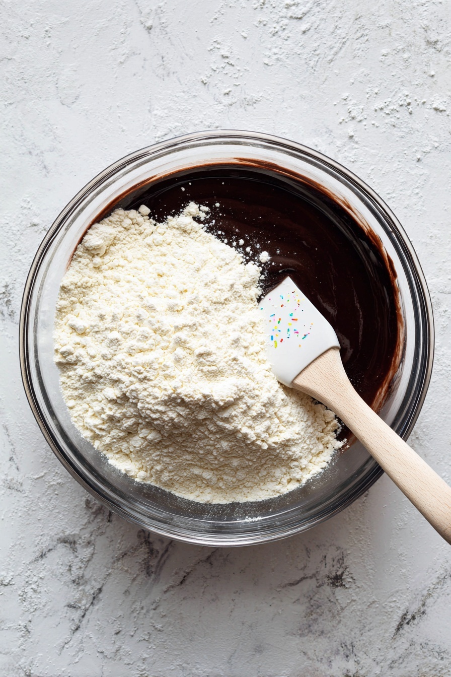 A small chocolate cake with a soft, melting center sits on a white plate. The cake is dark brown and round, topped with a scoop of white ice cream that is slowly melting and mixing with the chocolate inside as a spoon rests beside it. Three bright red raspberries are placed on the right side of the plate, adding a fresh pop of color. The background is a white marbled surface with more raspberries scattered around and a small glass bottle of milk in the upper right. In the back, white containers labeled