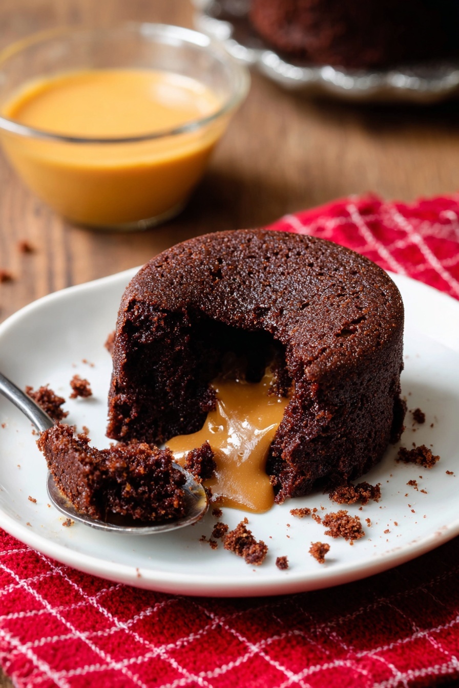 A small round chocolate cake is placed on a white plate with crumbs scattered around it. The cake is dark brown with a soft texture and a molten light brown filling oozes out from a bite taken on one side. Behind the plate, a glass bowl with an orange creamy sauce sits on a red checkered cloth on a wooden surface. A spoon with some cake crumbs rests on the edge of the plate. The photo is taken with an iphone --ar 2:3 --v 7