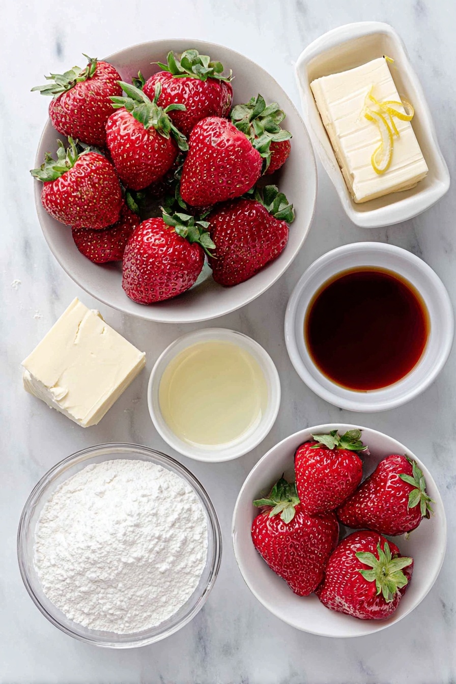 Flat lay of fresh whole strawberries with green leaves intact, small white ceramic bowl of granulated sugar, thin strips of fresh lemon zest, small white ceramic bowl of fresh lemon juice, small white ceramic bowl of white tapioca starch, small white ceramic bowl of pink rose water, softened unsalted butter block, small white ceramic bowl of clear canola oil, small white ceramic bowl of pure vanilla extract, two whole uncracked brown eggs, small white ceramic bowl of fine sea salt, small white ceramic bowl of baking powder, small white ceramic bowl of cake flour, small white ceramic bowl of strawberry kefir, softened block of cream cheese, small white ceramic bowl of organic powdered sugar, all arranged with perfect symmetry on a clean white marble surface, soft natural light, photo taken with an iPhone, professional food photography style, fresh ingredients, white ceramic bowls, no bottles, no duplicates, no utensils, no packaging --ar 2:3 --v 7 --p m7354615311229779997