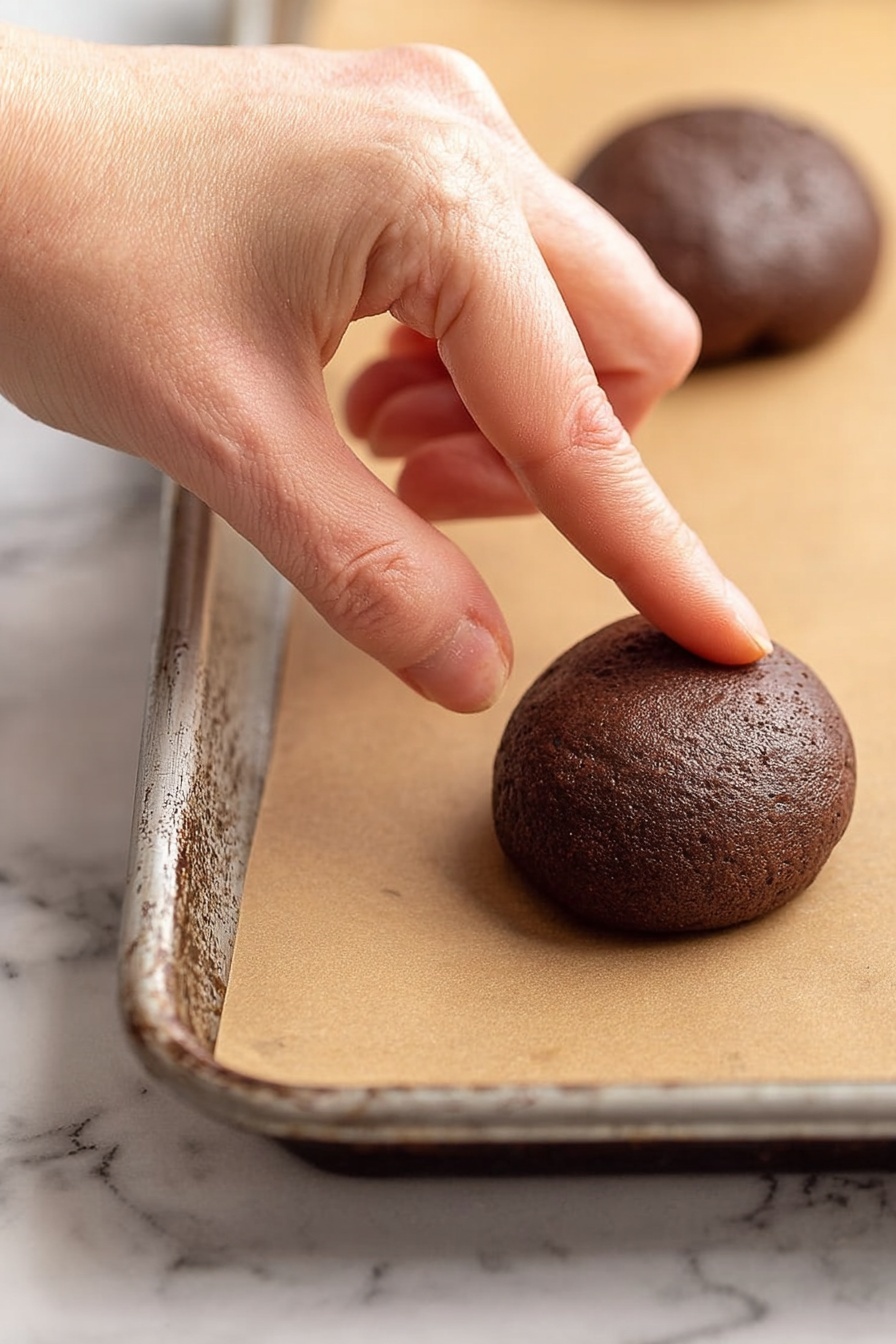 A white plate holds a group of thick, round chocolate cookies arranged closely, each with a shiny, bright red cherry placed in the center on top of a smooth, dark chocolate filling. The cookies have a slightly cracked, rich brown texture with thin streams of milk chocolate drizzled in a wavy pattern over their tops. Around the plate, several more fresh cherries with stems rest on the white marbled background along with a few dark chocolate chips. A white bowl filled with extra red cherries is visible in the upper left corner, and a woman’s hand is gently touching one cookie on the plate. photo taken with an iphone --ar 2:3 --v 7