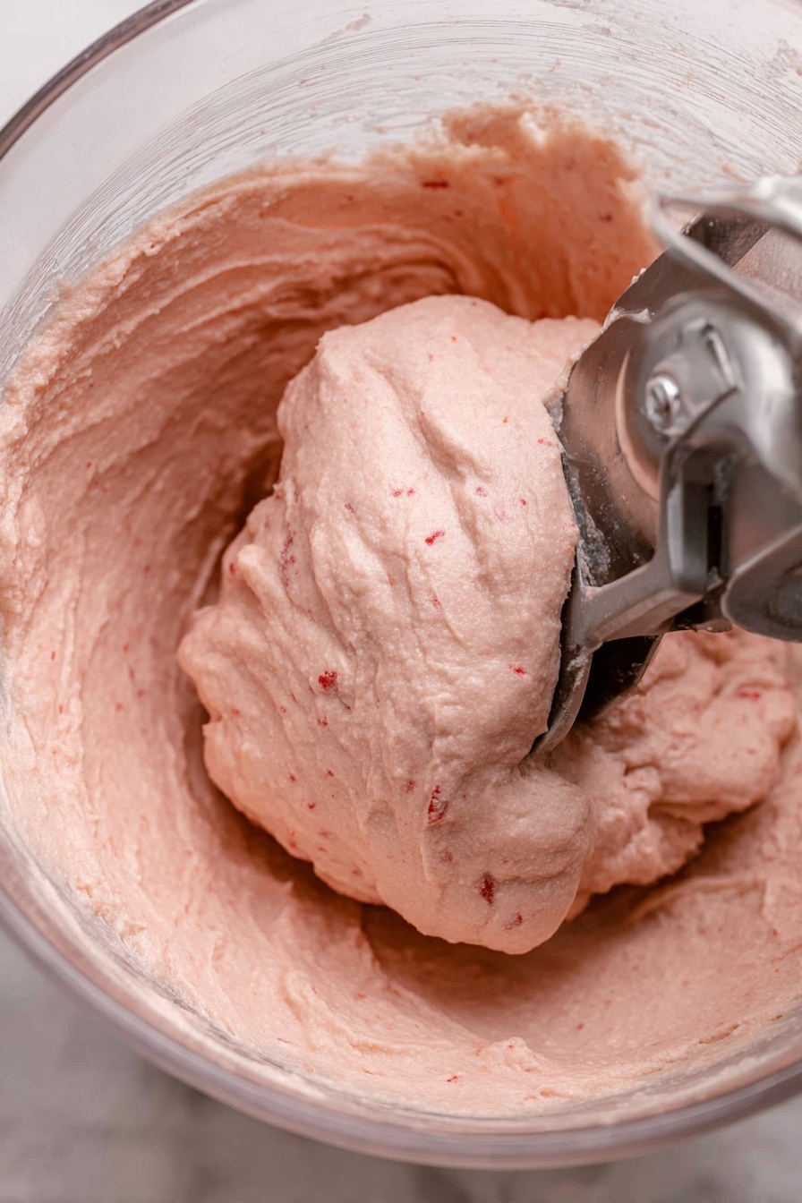 A close-up view of two donuts stacked on a white marbled surface, both covered with a shiny pink glaze that drips slightly over the edges. The top donut has a bite taken from it, showing its soft and airy light brown inside with a rough texture. Small red crumb bits are sprinkled on top of the glaze, adding a textured look. In the blurred background, there is a glass container filled with milk, slightly out of focus, giving a cozy feeling. photo taken with an iphone --ar 2:3 --v 7