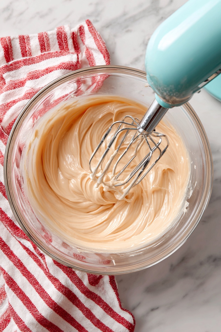 The image shows three round cookies placed on white parchment paper on a metal baking tray. Each cookie has three layers: the bottom layer is a cracked light brown cookie; on top of the cookie is a smooth, thick layer of white cream; and the top layer is glossy red strawberry topping with whole strawberries covered in shiny red jelly. A silver spoon with red jelly is held above the closest cookie by a woman's hand, ready to add more jelly. In the foreground, a red and white striped cloth is partially visible, and the background features a white marbled texture. photo taken with an iphone --ar 2:3 --v 7