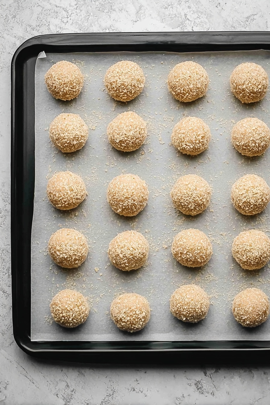 Two round golden brown fried balls are placed on a white plate with a vintage gold pattern along the edge. One ball is whole, showing a crispy, rough texture on the outside. The other ball is broken open, revealing a soft, creamy white rice and cheese filling inside. Both balls are sprinkled with fine white grated cheese, and some black pepper is scattered on the plate. A silver fork rests on the plate, positioned near the balls. The background is a white marbled surface. photo taken with an iphone --ar 2:3 --v 7