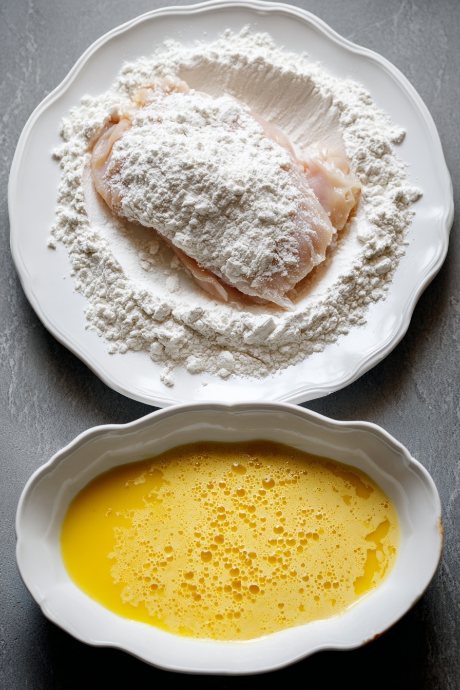 The image shows a white rectangular baking dish filled with several pieces of golden brown, crispy chicken topped with a thick layer of red tomato sauce and melted pale yellow cheese sprinkled with small, chopped green herbs. The chicken pieces look crunchy around the edges with some grated cheese melted and browned on the sides. One piece is being lifted with metal tongs, showing the crispy texture underneath the sauce and cheese. Fresh, whole green basil leaves are placed both on the dish and in the corner. The background is a white marbled surface. Photo taken with an iphone --ar 2:3 --v 7