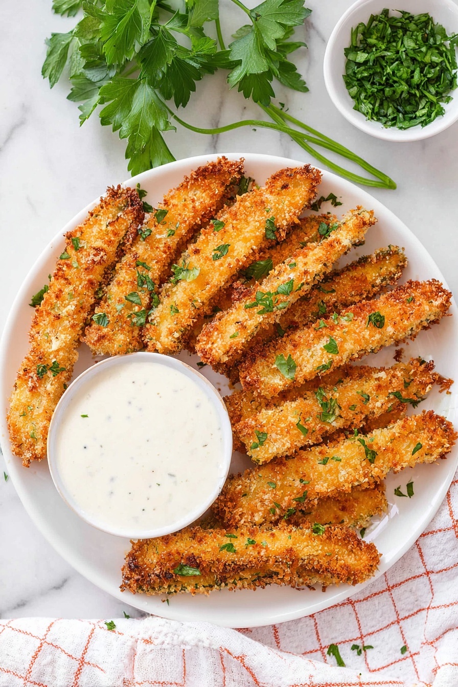 The image shows a white plate filled with eight golden-brown crispy chicken strips arranged in a slightly overlapping, radial pattern around a small white bowl of creamy white dipping sauce. The chicken strips have a crunchy texture with visible browned breading and small green parsley pieces sprinkled on top. To the side, fresh green parsley leaves are placed on the white marbled surface, alongside a small white bowl filled with chopped parsley. A white and blue checkered cloth is slightly visible under the plate's edge. The photo taken with an iphone --ar 2:3 --v 7