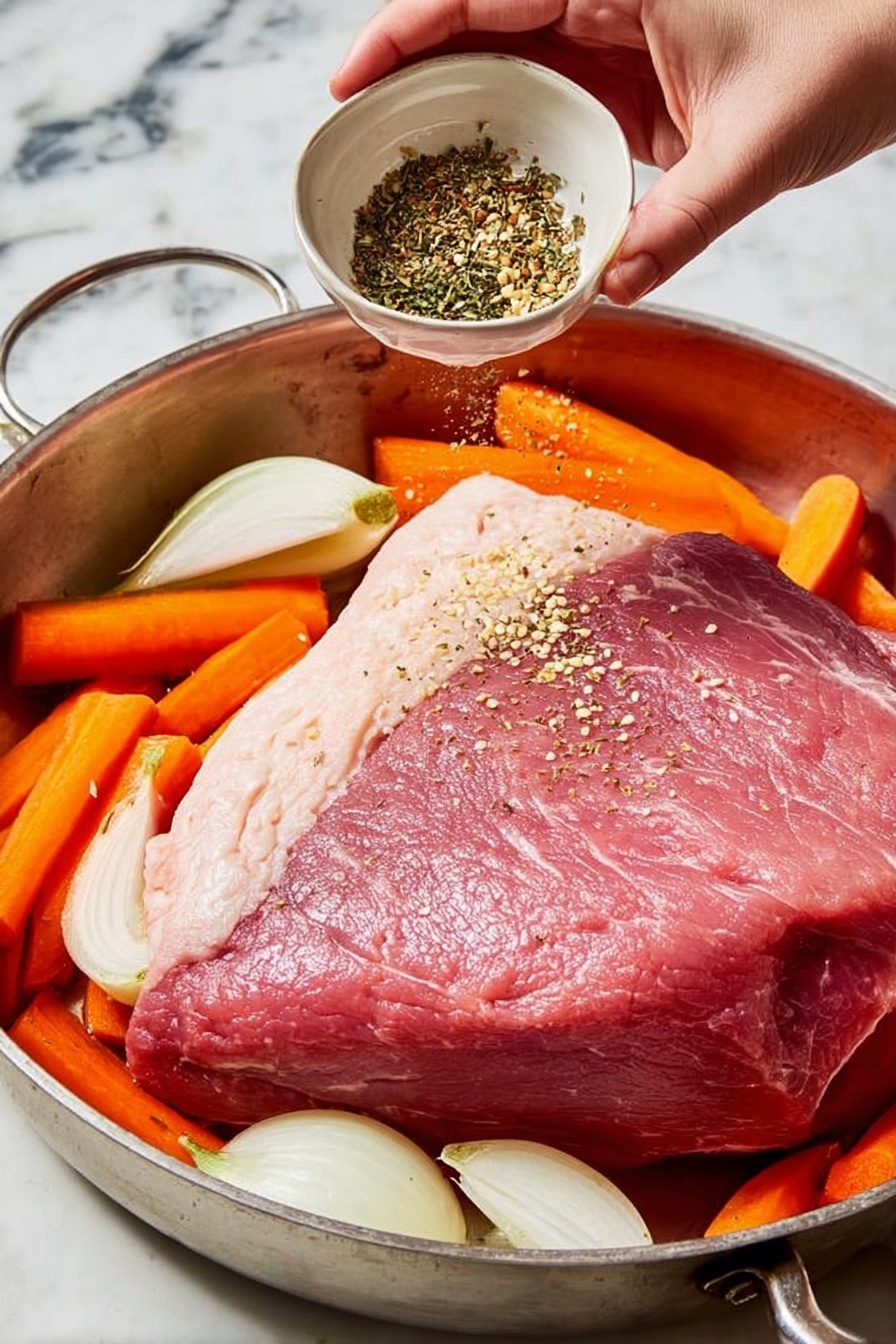 The image shows a white oval plate on a white marbled surface, with five thick slices of pink cooked meat arranged in a slightly overlapping row on the right side. On the left side of the plate, there is a mix of cooked orange carrots and translucent white onions, all glossy with seasoning. A two-pronged metal fork is lifting one slice of the meat. A green and white striped cloth napkin appears near the top left corner of the image. photo taken with an iphone --ar 2:3 --v 7