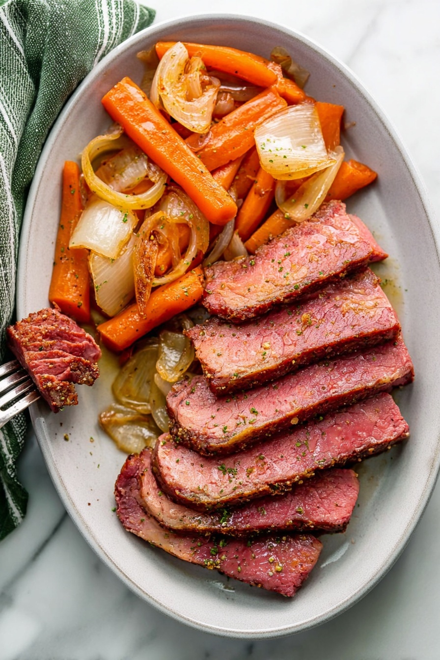 A large piece of raw pink meat with a thick layer of pale fat on top sits in a silver pan filled with sliced orange carrots and white onion wedges, set against a white marbled surface. Above the meat, a woman's hand holds a small white bowl filled with mixed seasoning seeds, positioned as if about to sprinkle them onto the meat. The scene shows rich textures from the smooth fat to the fresh vegetables and the shiny metal pan, all captured clearly. photo taken with an iphone --ar 2:3 --v 7