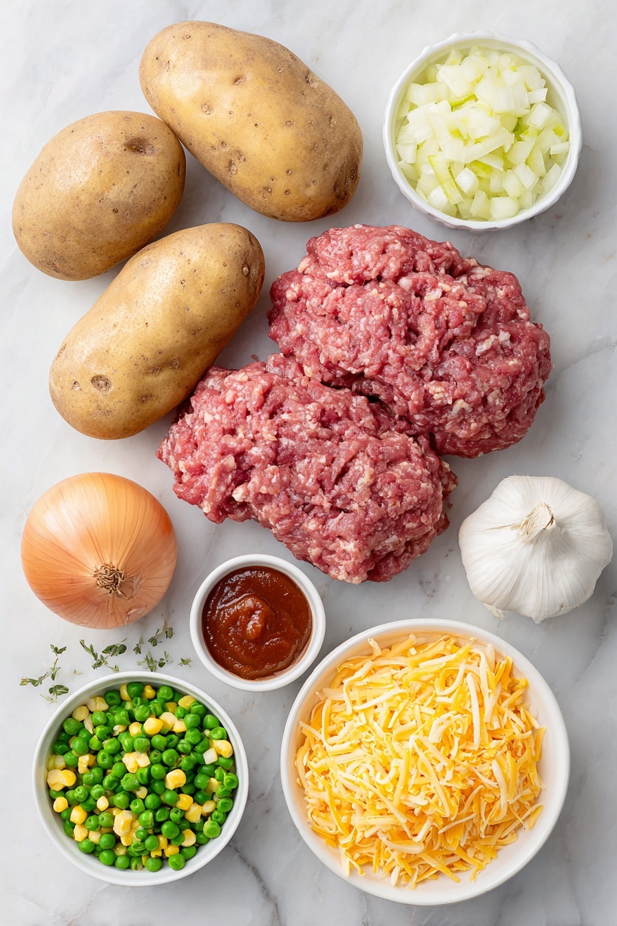 Flat lay of four whole unpeeled baking potatoes with rustic brown skins, a mound of raw lean ground beef, a small pile of chopped yellow onion pieces, one whole uncracked garlic bulb clove, a few small sprigs of black peppercorns and coarse salt crystals scattered delicately, a small white bowl filled with thick vibrant red tomato paste, a small white bowl with dark brown Worcestershire sauce, a small white bowl holding rich brown beef broth, a small heap of fresh mixed vegetables including bright orange carrot slices, sweet green peas, yellow corn kernels, and slender green beans, and a small white bowl overflowing with shredded sharp cheddar cheese in warm orange hues, all arranged in perfect symmetry on a clean white marble surface, soft natural light, photo taken with an iPhone, professional food photography style, fresh ingredients, white ceramic bowls, no bottles, no duplicates, no utensils, no packaging --ar 2:3 --v 7 --p m7354615311229779997