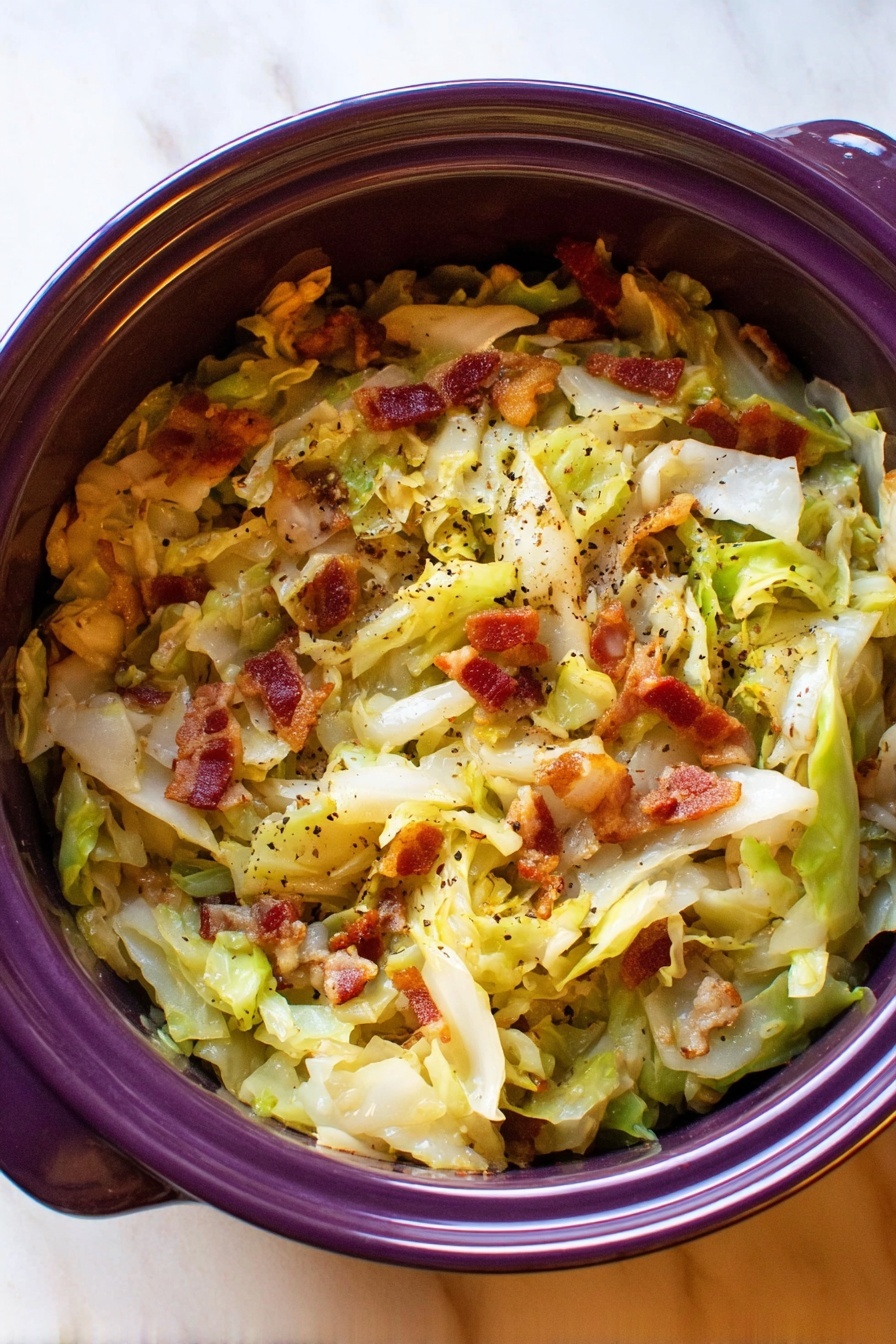 The image shows a deep purple pot filled with cooked cabbage and bacon. The dish has roughly three layers: a base of soft, wilted pale green and yellow cabbage leaves, a middle mix of tender white cabbage with some light green pieces, and crispy small chunks of reddish-brown bacon scattered evenly throughout. There are small black mustard seeds sprinkled on top, adding a speckled texture to the dish. The pot sits on a white marbled surface. Photo taken with an iphone --ar 2:3 --v 7