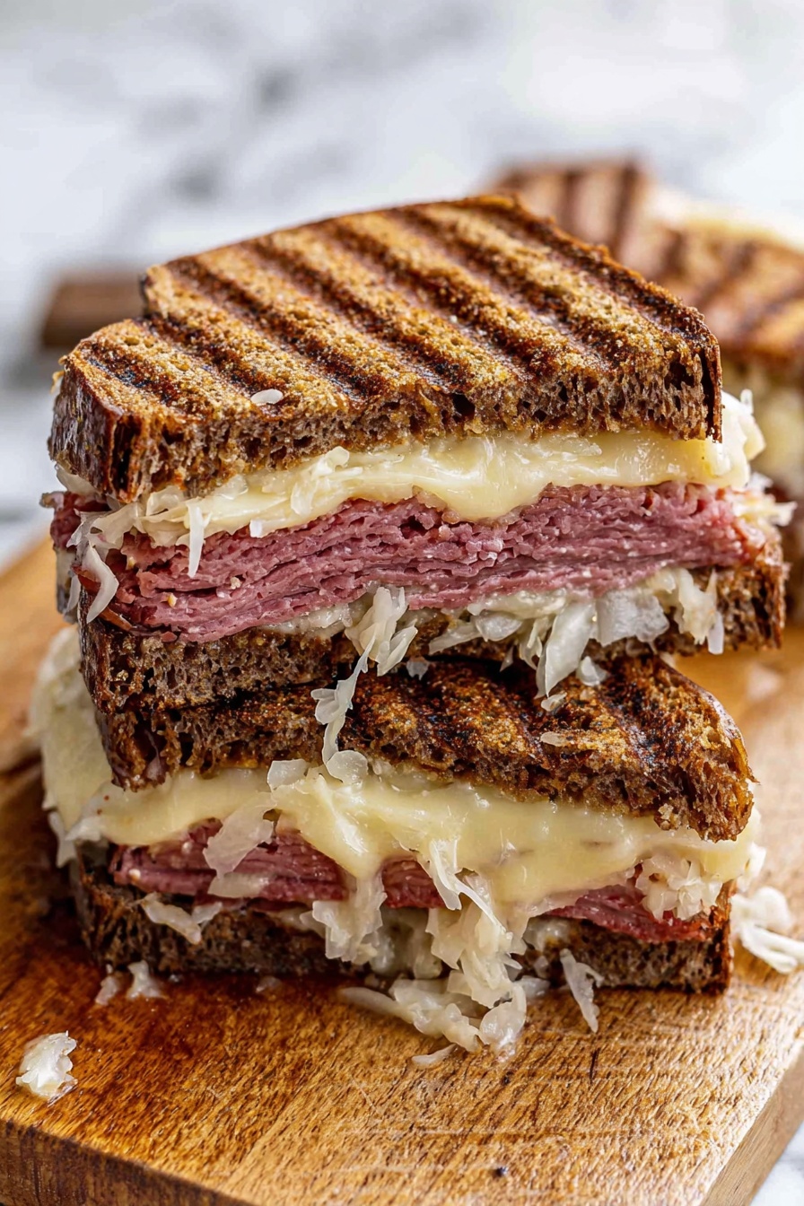 The image shows a close-up of a sandwich cut in half and stacked on top of each other, resting on a wooden board. The sandwich has three layers of dark brown grilled rye bread with visible grill marks, with the top piece showing a bite taken out. Inside, there are thin layers of pink sliced meat, melted yellowish-white cheese, and shredded white sauerkraut. The layers are thick and the sandwich looks juicy and soft, with some bits and slight moisture on the wooden board below. The background features a white marbled texture. Photo taken with an iphone --ar 2:3 --v 7