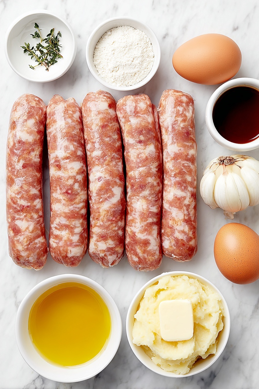 Flat lay of six fresh raw pork sausages with smooth skins, two small-medium onions halved and thinly sliced showing white and purple layers, two whole uncracked garlic cloves with papery skins, a small white ceramic bowl of pale all-purpose flour, a small white bowl filled with deep red dry red wine, a small white bowl of rich brown beef broth, one fresh green sprig of thyme, a white ceramic bowl with creamy mashed potatoes topped with a pat of butter, a small white bowl of vibrant green peas, a small white bowl of golden cooking oil, and a set of two clean white ceramic dishes holding whole uncracked brown eggs and a balanced mix of coarse salt and cracked black peppercorns, all arranged symmetrically and evenly spaced, placed on a clean white marble surface, soft natural light, photo taken with an iPhone, professional food photography style, fresh ingredients, white ceramic bowls, no bottles, no duplicates, no utensils, no packaging --ar 2:3 --v 7 --p m7354615311229779997