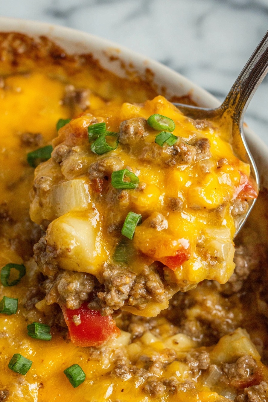 The image shows a close-up of a dish with a thick layer of melted yellow cheese mixed with small green onion pieces on top. Below the cheese is a mix of small chunks of cooked ground meat, diced white onions, and red tomato pieces. The dish looks creamy and cheesy with a rich texture, and a wooden spoon scoops a portion from the center, holding the mix together. The background is a white marbled texture. photo taken with an iphone --ar 2:3 --v 7