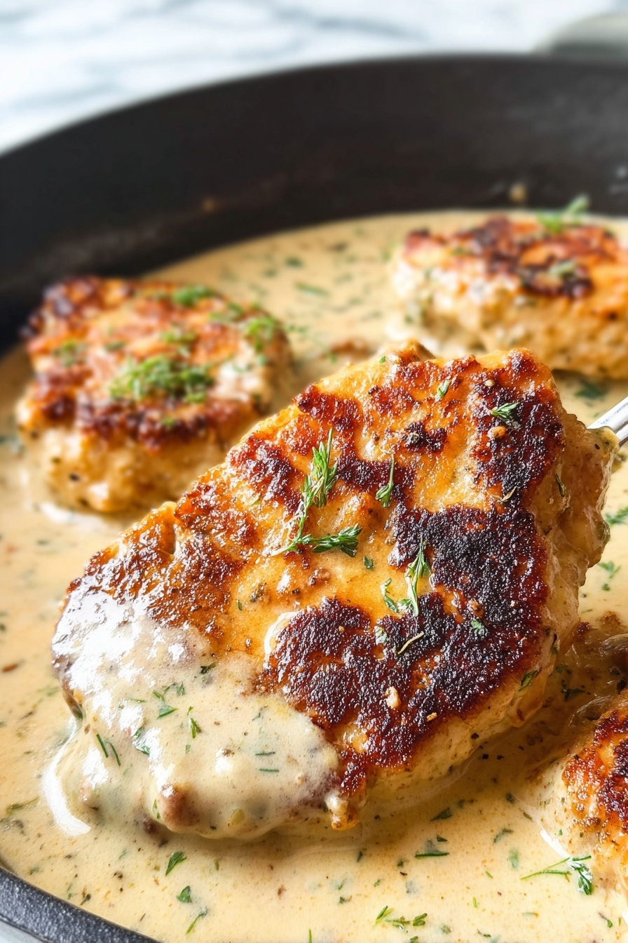 A close-up of a golden brown cooked chicken piece with a crispy, slightly charred surface showing darker brown patches spread unevenly. This piece is covered in a thick creamy light beige sauce that clings to the chicken, with small flecks of green herbs sprinkled on top. In the background, more chicken pieces in the same sauce fill a white pan. The sauce is smooth and creamy with a few herb bits visible throughout. The entire scene is set against a white marbled texture. photo taken with an iphone --ar 2:3 --v 7