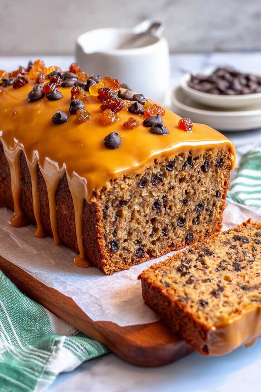 The image shows a rectangular loaf cake with one side visible, revealing a dense texture speckled with small dark chocolate bits throughout. The top layer of the cake is covered with a thick, smooth, orange frosting that drips slightly down the side. On top of the frosting are scattered dark chocolate chips and pieces of dried fruit. The cake is placed on a metal tray, which rests on a white marbled surface with a blue and white striped cloth nearby. In the background, there is a white bowl and a white plate with extra chocolate chips. Photo taken with an iphone --ar 2:3 --v 7