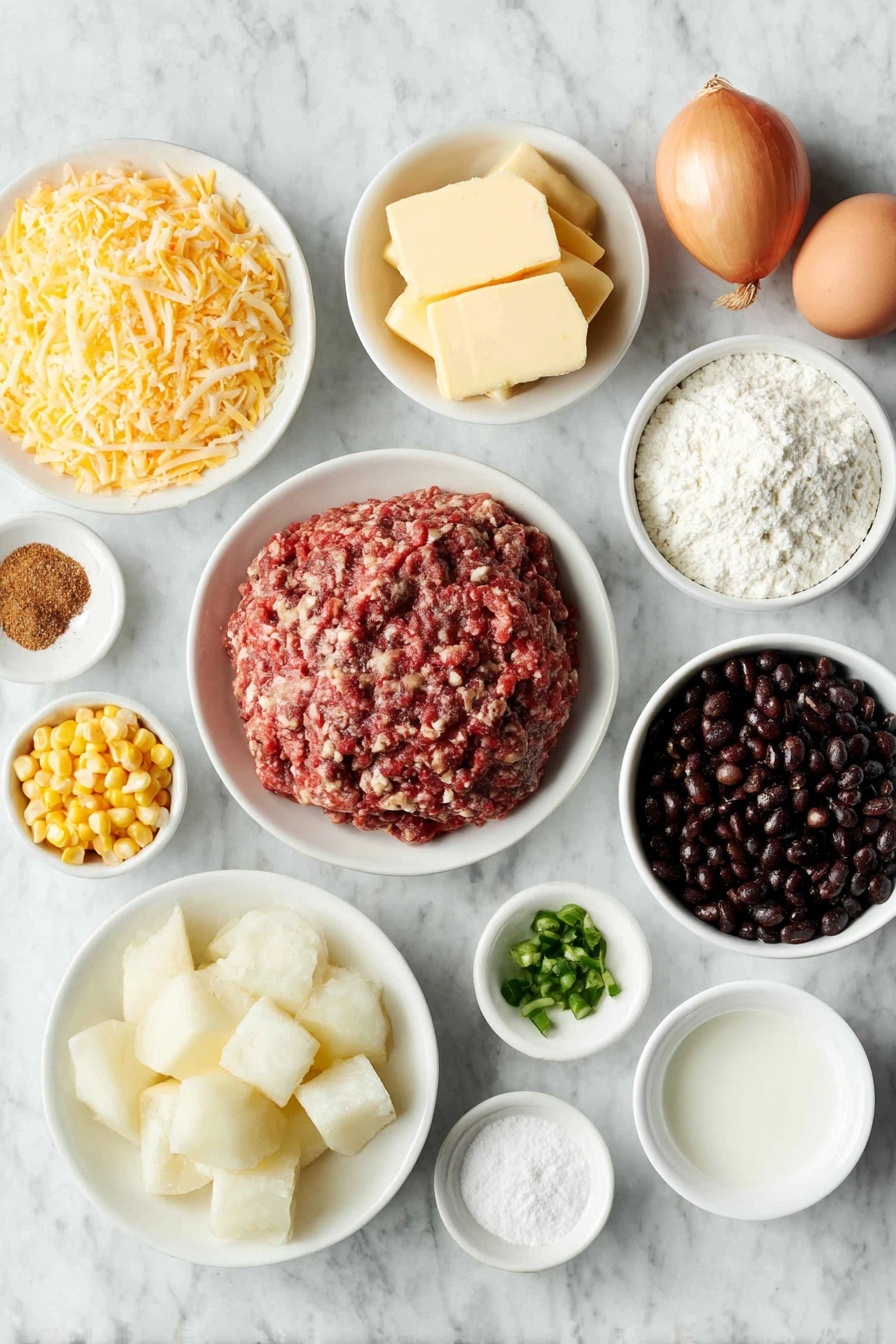 Flat lay of lean ground beef in a small mound, cubed pale yellow Velveeta cheese, a small pile of sharp grated cheddar cheese, one whole yellow onion, finely chopped, four small chopped potatoes with skins on, one diced red bell pepper with seeds removed, a small white bowl of bright yellow whole corn kernels, a small white bowl of glossy black beans, a small white bowl of diced green chiles, a simple white ceramic bowl with pale golden unsalted butter, a small white bowl filled with white all-purpose flour, a small white bowl of whole milk, a small white bowl of low-sodium chicken or beef broth, two small white bowls containing light beige garlic powder and warm brown cumin powder, a small white bowl with reddish cayenne powder, several whole uncracked brown eggs, all ingredients arranged symmetrically on a clean white marble surface, soft natural light, photo taken with an iPhone, professional food photography style, fresh ingredients, white ceramic bowls, no bottles, no duplicates, no utensils, no packaging --ar 2:3 --v 7 --p m7354615311229779997