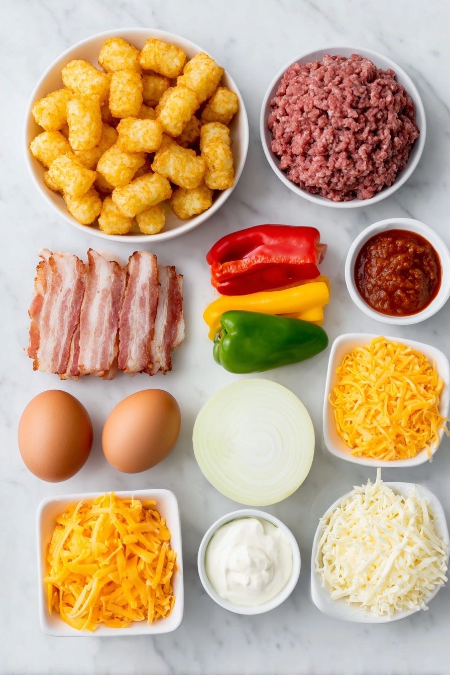 Flat lay of a small pile of frozen golden tater tots, a mound of raw lean ground beef, a whole medium sweet onion with smooth white and purple skin, six colorful mini sweet peppers in red, yellow, and orange hues, six uncooked center-cut bacon strips neatly arranged, a small white bowl of bright red salsa, a small white bowl with mixed shredded cheddar cheese (vivid orange) and mozzarella cheese (creamy white), a small white bowl of deep red hot sauce, and a small white bowl of thick white sour cream, all placed on a clean white marble surface, soft natural light, photo taken with an iPhone, professional food photography style, fresh ingredients, white ceramic bowls, no bottles, no duplicates, no utensils, no packaging --ar 2:3 --v 7 --p m7354615311229779997