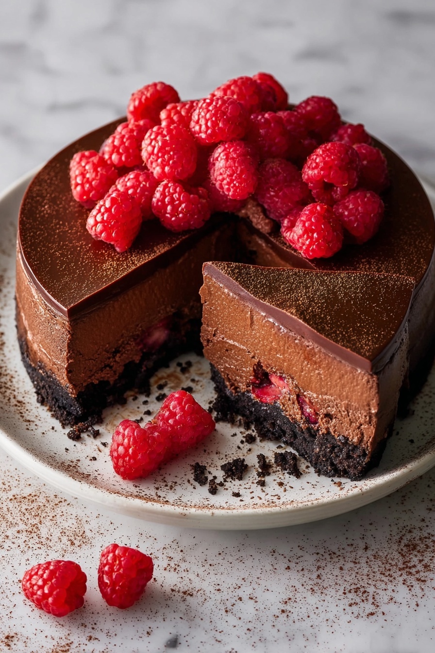 The image shows a round chocolate cake on a white plate with three visible layers: a dark brown crumbly cookie crust at the bottom, a thick rich chocolate filling layer with bits of red raspberries inside, and a smooth glossy chocolate glaze layer on top. The glaze is decorated with fresh bright red raspberries clustered mostly on one side and a few scattered around the plate. One slice is removed, showing the dense inner texture and the layered cross section. There is a light dusting of cocoa powder on the glaze and plate, all set on a wood textured surface. Photo taken with an iphone --ar 2:3 --v 7