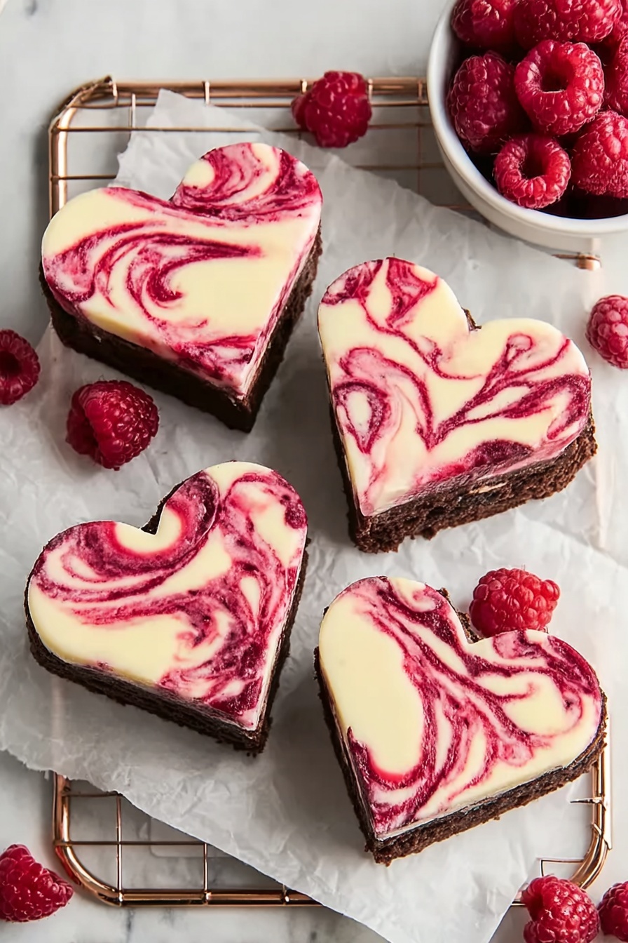 Four heart-shaped desserts sit on a white parchment paper over a gold cooling rack on a wood texture. Each heart has two clear layers: the bottom is dark brown and dense, and the top is creamy white with pinkish-red swirls mixed in a marbled pattern. Around the hearts are fresh red raspberries scattered on the wood-textured surface. There is also a small white bowl in the top right corner filled with more raspberries. photo taken with an iphone --ar 2:3 --v 7