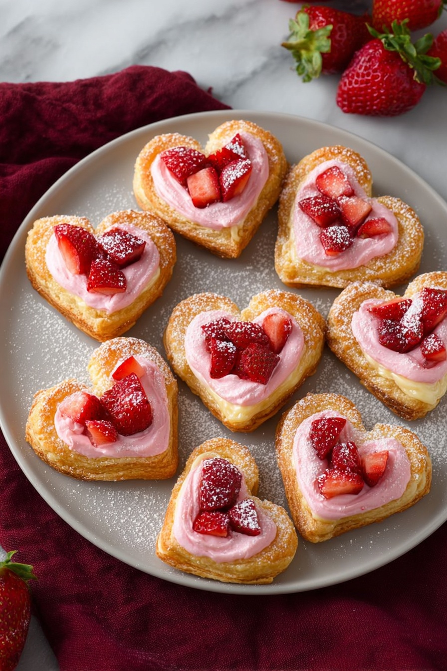 The image shows six heart-shaped pieces of dough placed in two columns of three on a baking tray lined with parchment paper. Each dough heart has a layer of white cream spread on top, roughly filling the inner part of the heart shape. On top of the cream, there are chopped fresh strawberries, scattered evenly over the cream layer. The dough is pale and soft in texture, while the strawberries add a bright red color contrast. The baking tray and parchment paper have a slightly rustic look, with a white marbled surface underneath. photo taken with an iphone --ar 2:3 --v 7