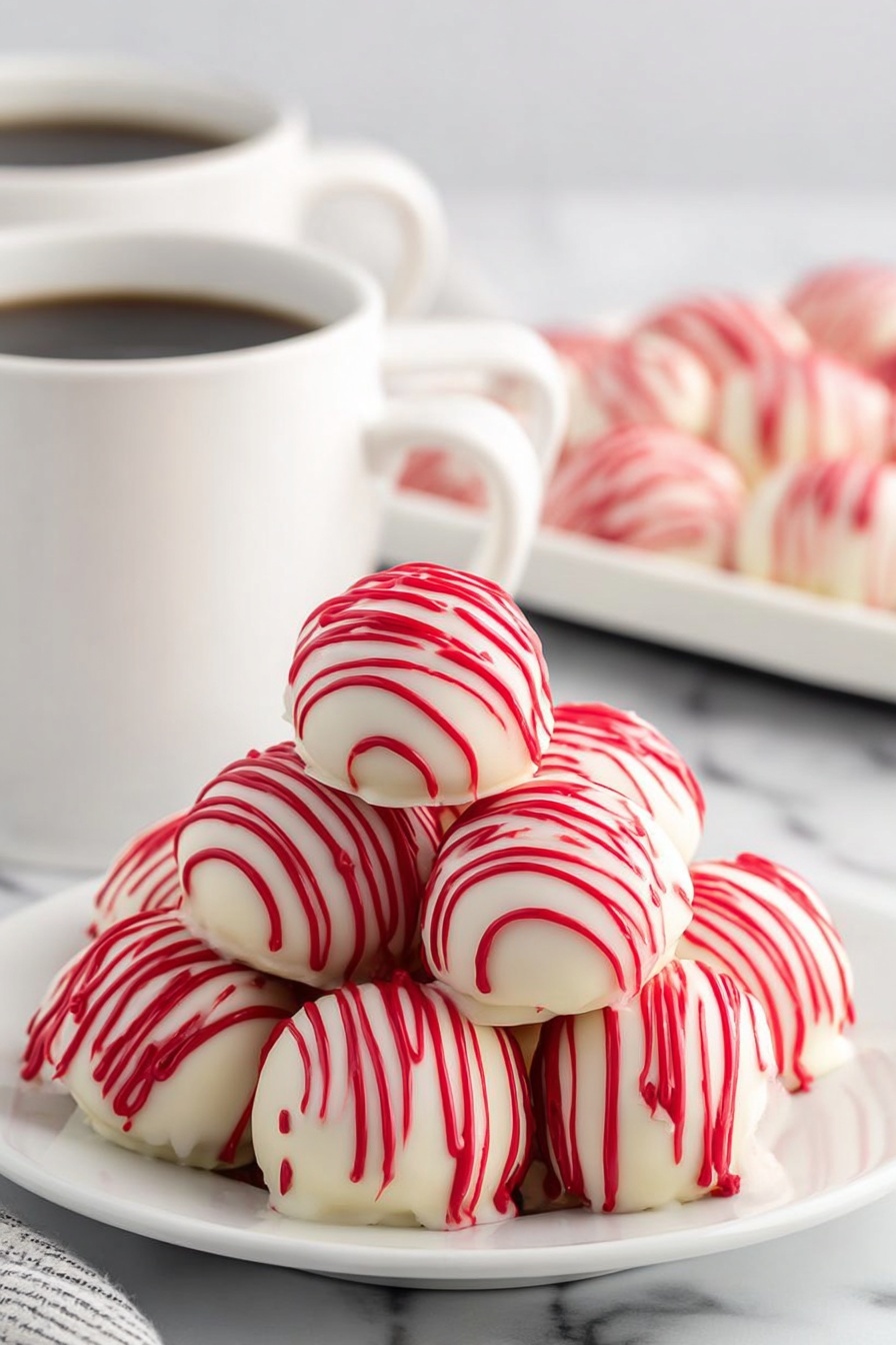 A white plate holds a stack of seven smooth, round white balls, each decorated with bright red lines drizzled over the top and sides. The balls are shiny and smooth, giving a polished look. In the background, there are two white mugs with black coffee inside, along with a white tray holding more of the same round balls with red drizzle. The entire scene is set on a wood texture surface with a soft, out-of-focus light background. photo taken with an iphone --ar 2:3 --v 7