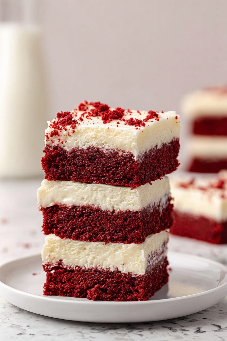 A stack of three square layered desserts sits on a white plate over a wood textured surface. Each dessert has two layers: the bottom layer is thick, rich red velvet cake with a moist and slightly crumbly texture, while the top layer is a thick, creamy white frosting with a smooth but fluffy texture and a few red velvet crumbs sprinkled on top. In the background, there is a blurred white bottle, and another similar dessert piece is also visible on the same wood textured surface. The photo taken with an iphone --ar 2:3 --v 7