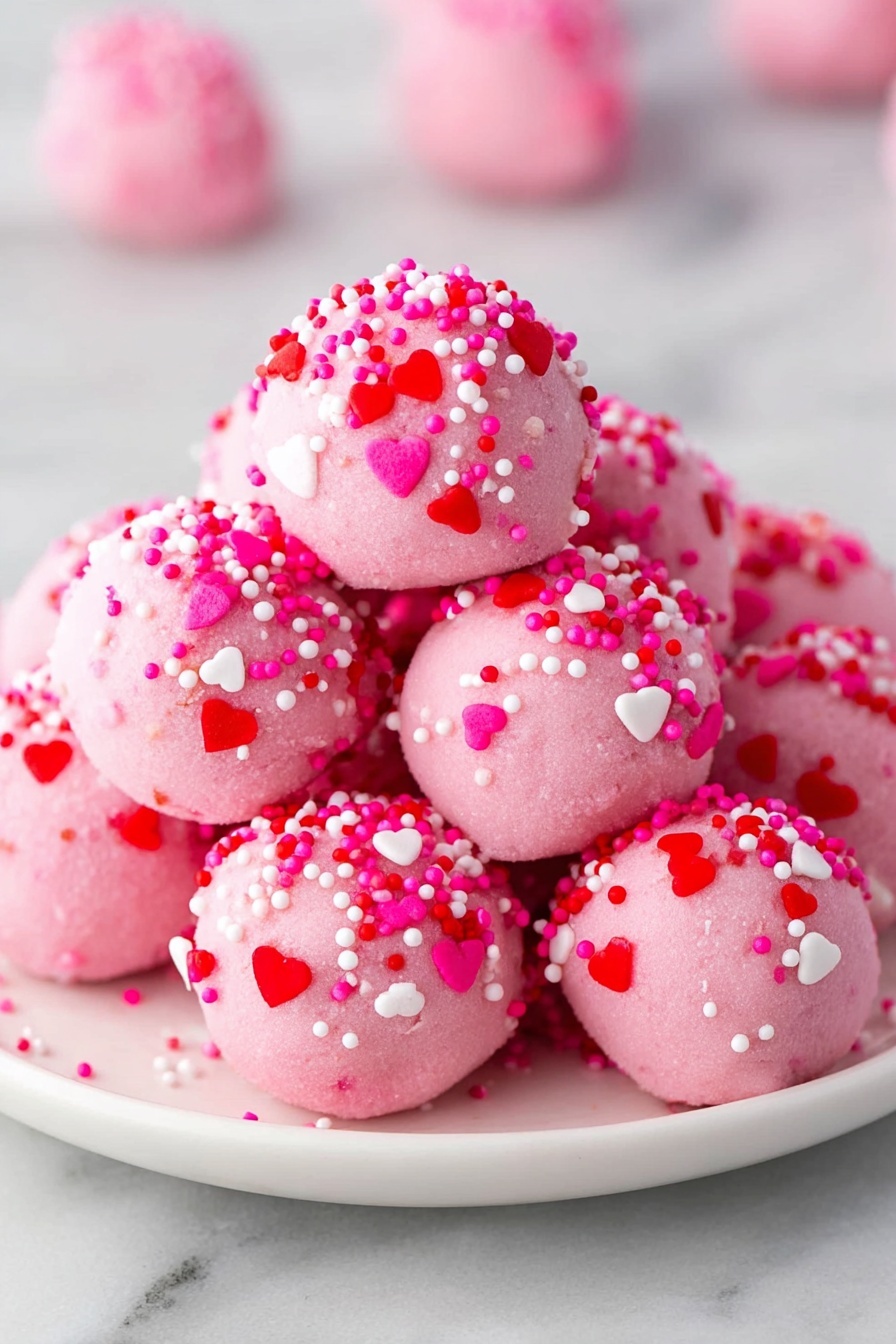 A pile of round pink balls covered fully with smooth pink coating and topped with small heart-shaped sprinkles in red, pink, and white colors. The balls are stacked closely on a white plate, sitting on a wood texture surface. The background shows more of these pink balls out of focus, placed randomly. Photo taken with an iphone --ar 2:3 --v 7