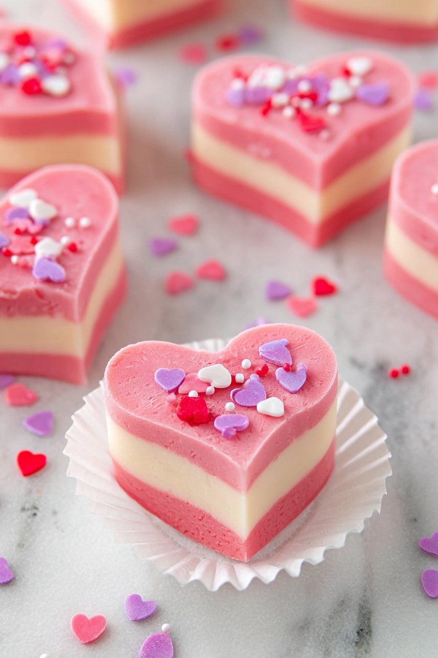 A square baking pan lined with parchment paper holds two layers of batter. The bottom layer is bright pink, smooth, and evenly spread, covering the entire pan. On top of this, there are three dollops of thick, creamy white batter being spread gently with a spoon into an oval shape near the center. The background surface is white marble, and a woman's hand holding the spoon is partially visible in the bottom left corner. Photo taken with an iphone --ar 2:3 --v 7