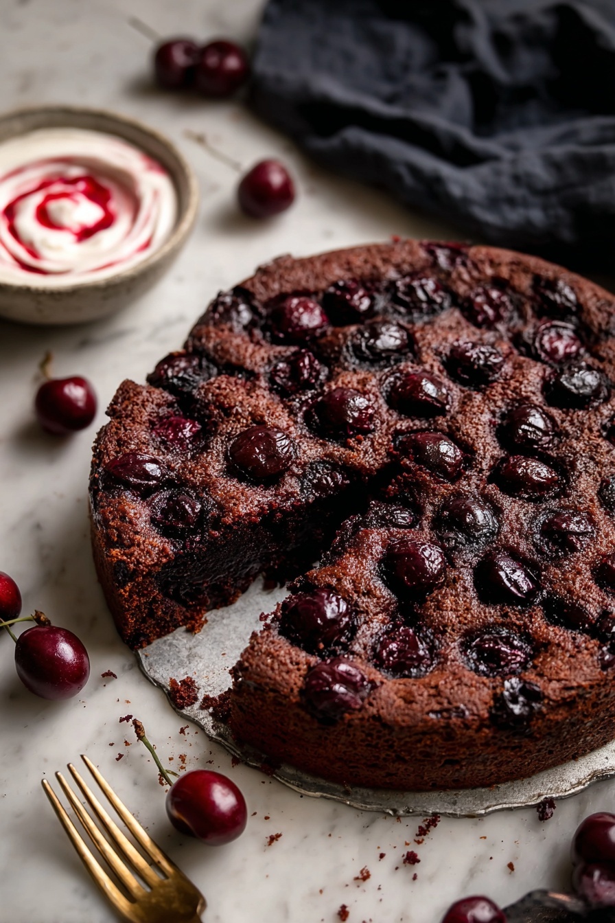 A dark brown cherry cake with a rough top layer filled with whole dark cherries, showing one large slice missing to reveal the moist, dense inside with embedded cherries. The cake is on a round silver cake board, placed on a white marbled textured surface, with a few whole cherries scattered around. Nearby is a small white bowl containing creamy white yogurt swirled with red cherry sauce, and a woman's hand holding a gold fork rests beside the cake. A dark cloth folds softly in the background. photo taken with an iphone --ar 2:3 --v 7