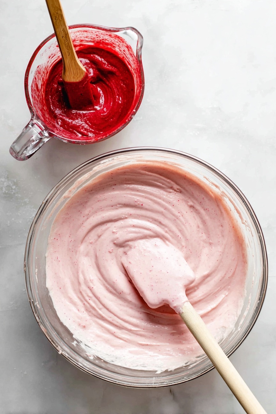 The image shows a slice of two-layer pink cake with a creamy pink frosting layer in the middle and covering the outside. The cake has a soft, spongy texture with small air holes. A single red strawberry with green leaves sits on top as decoration. The cake slice is placed on a white plate with a scalloped edge, which rests on a red and white checkered cloth. The background is a white marbled surface with a blurry brown wood-like backdrop. Photo taken with an iphone --ar 2:3 --v 7