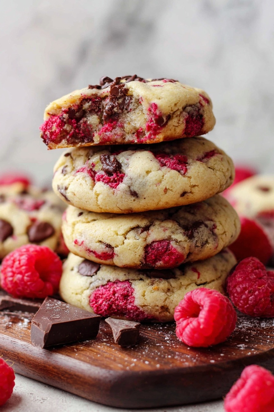 A stack of four thick, round cookies sits on a dark wooden board with pieces of dark chocolate and fresh red raspberries scattered around. Each cookie has a light golden brown color with red spots from raspberries and dark patches of melted chocolate chips. The cookies look soft and slightly crinkled on the top with visible fruit and chocolate mixed inside. The background is a white marbled texture. Photo taken with an iphone --ar 2:3 --v 7