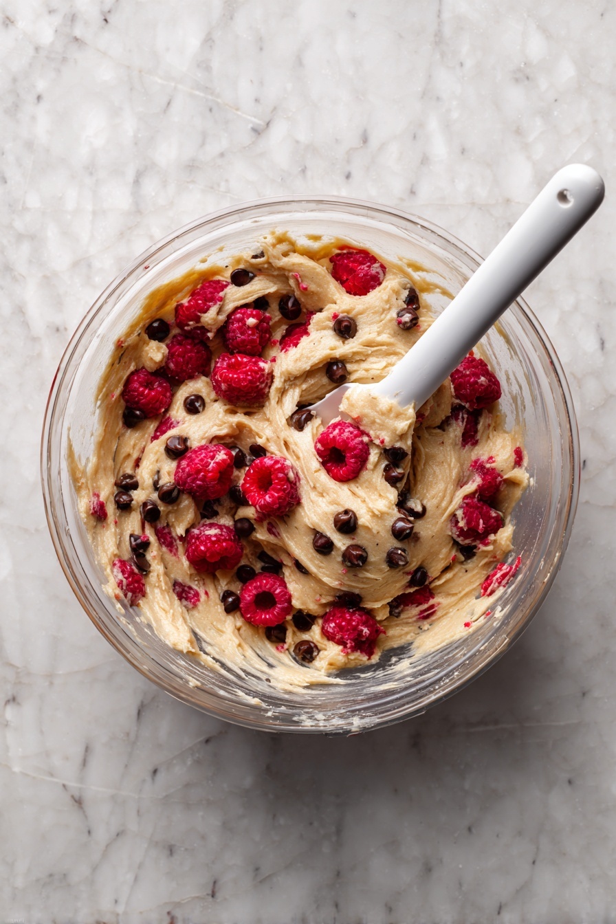 A round cookie broken in half shows a soft, golden-brown dough with melted dark chocolate chunks and bright red raspberries embedded throughout. Extra raspberries and small chocolate shavings sit around the cookie on parchment paper resting on a wooden board, all placed on a white marbled surface. The cookie has a slightly cracked texture with gooey chocolate and juicy raspberry parts visible. photo taken with an iphone --ar 2:3 --v 7