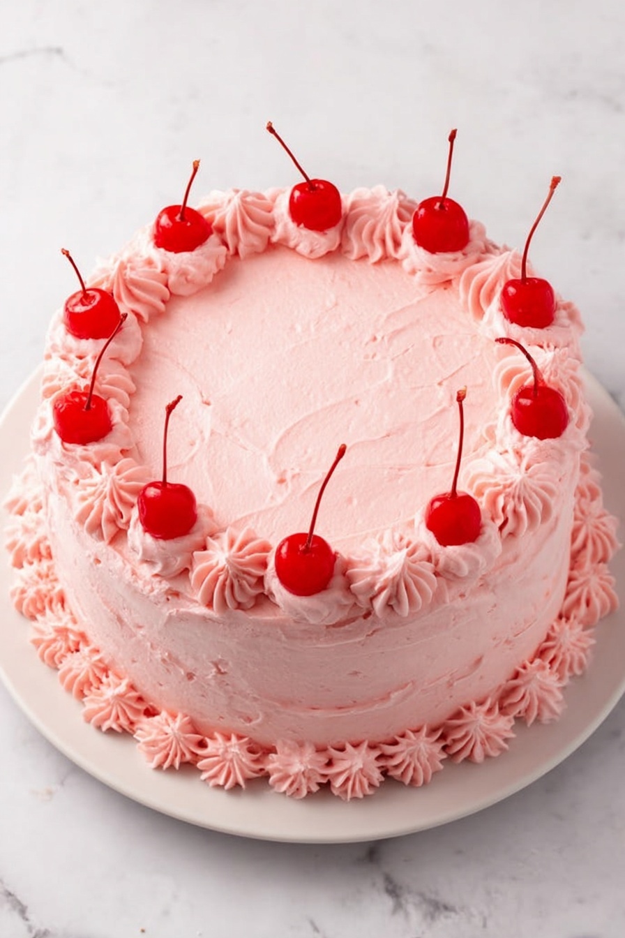 A two-layer round cake covered in smooth light pink frosting sits on a white plate. Each layer is separated by a border of piped star-shaped frosting in the same pink color. On top of the cake, there is a ring of the same star-shaped pink frosting decorations around the edge. Eight bright red cherries with stems are evenly spaced, each sitting on top of a star frosting near the cake's edge. The background is a white marbled surface. photo taken with an iphone --ar 2:3 --v 7