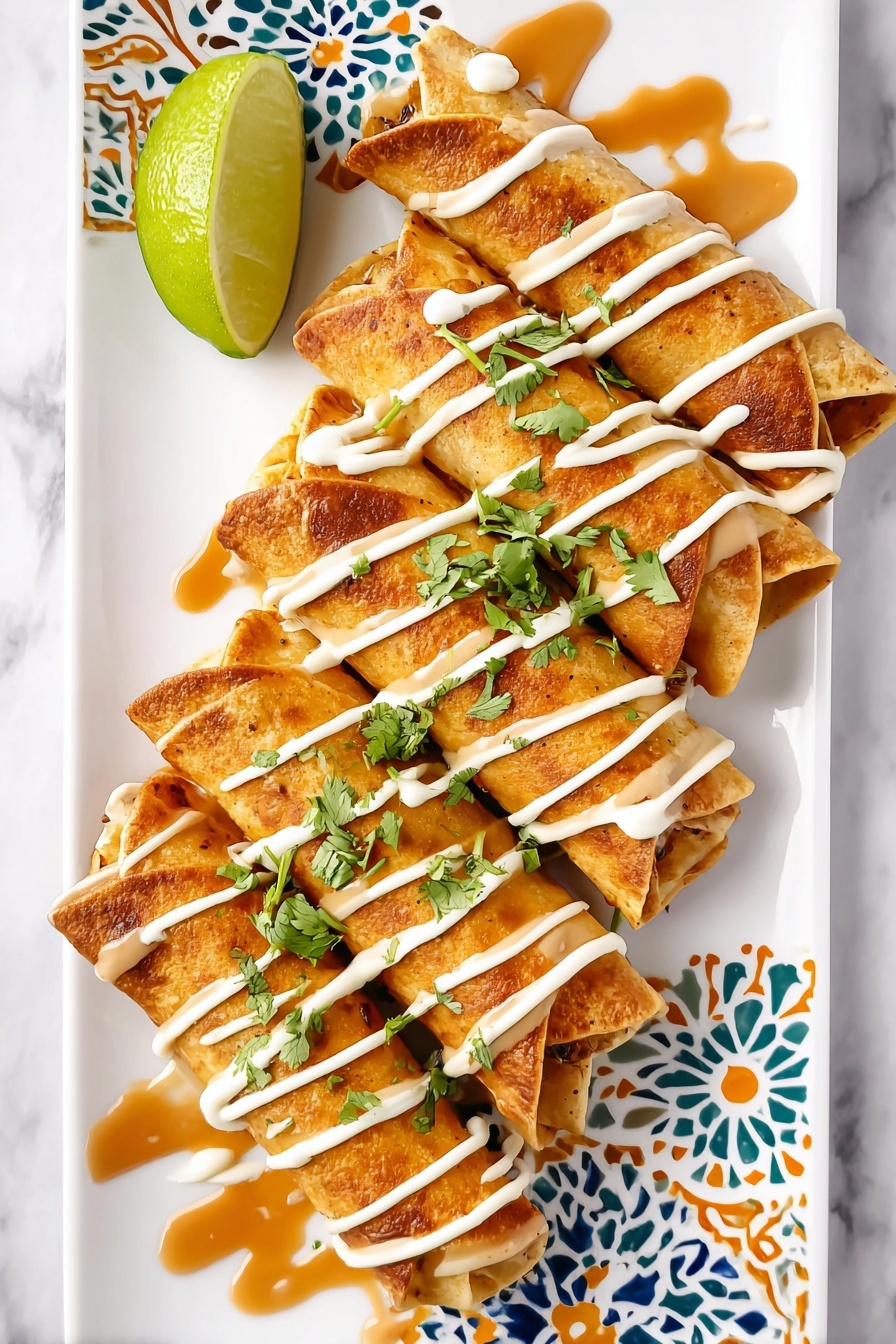 A white rectangular plate holds four rolled, golden brown taquitos arranged diagonally in a slightly overlapping row. Each taquito is drizzled with two sauces: a smooth light brown sauce and a creamy white sauce, both applied in thin lines across the surface. Small bright green cilantro leaves are scattered on top, adding a fresh color contrast. At the top left corner of the plate, there is a wedge of fresh lime with a bright green peel and pale green flesh. The plate sits on a vibrant, multi-colored tile surface with intricate blue, orange, white, and yellow patterns in a variety of geometric shapes. photo taken with an iphone --ar 2:3 --v 7