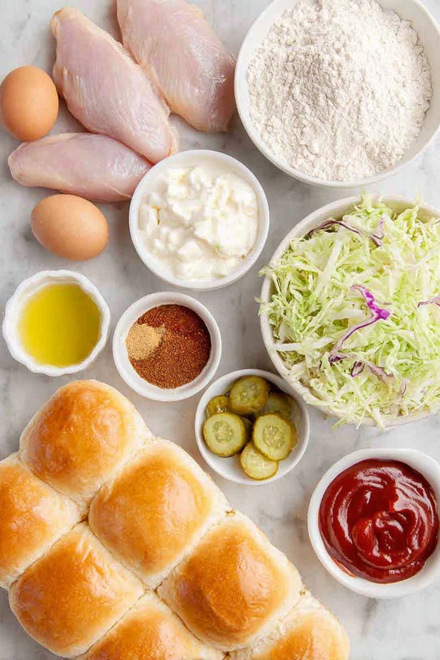 Flat lay of six raw chicken tenders with naturally textured skin, two whole uncracked brown eggs, a small white bowl of creamy buttermilk, a small white bowl of pure white all-purpose flour, a small white bowl of golden cornstarch, a small white bowl of reddish paprika powder mixed with bright orange cayenne pepper and brown sugar crystals, a small white bowl filled with golden hot vegetable oil, a simple white ceramic bowl of finely shredded green and purple cabbage, a small white bowl of smooth pale mayonnaise, a small white bowl of bright red ketchup, a few fresh green pickle slices, and six soft golden slider buns arranged symmetrically, all elements fresh and natural, placed on a clean white marble surface, soft natural light, photo taken with an iPhone, professional food photography style, fresh ingredients, white ceramic bowls, no bottles, no duplicates, no utensils, no packaging --ar 2:3 --v 7 --p m7354615311229779997