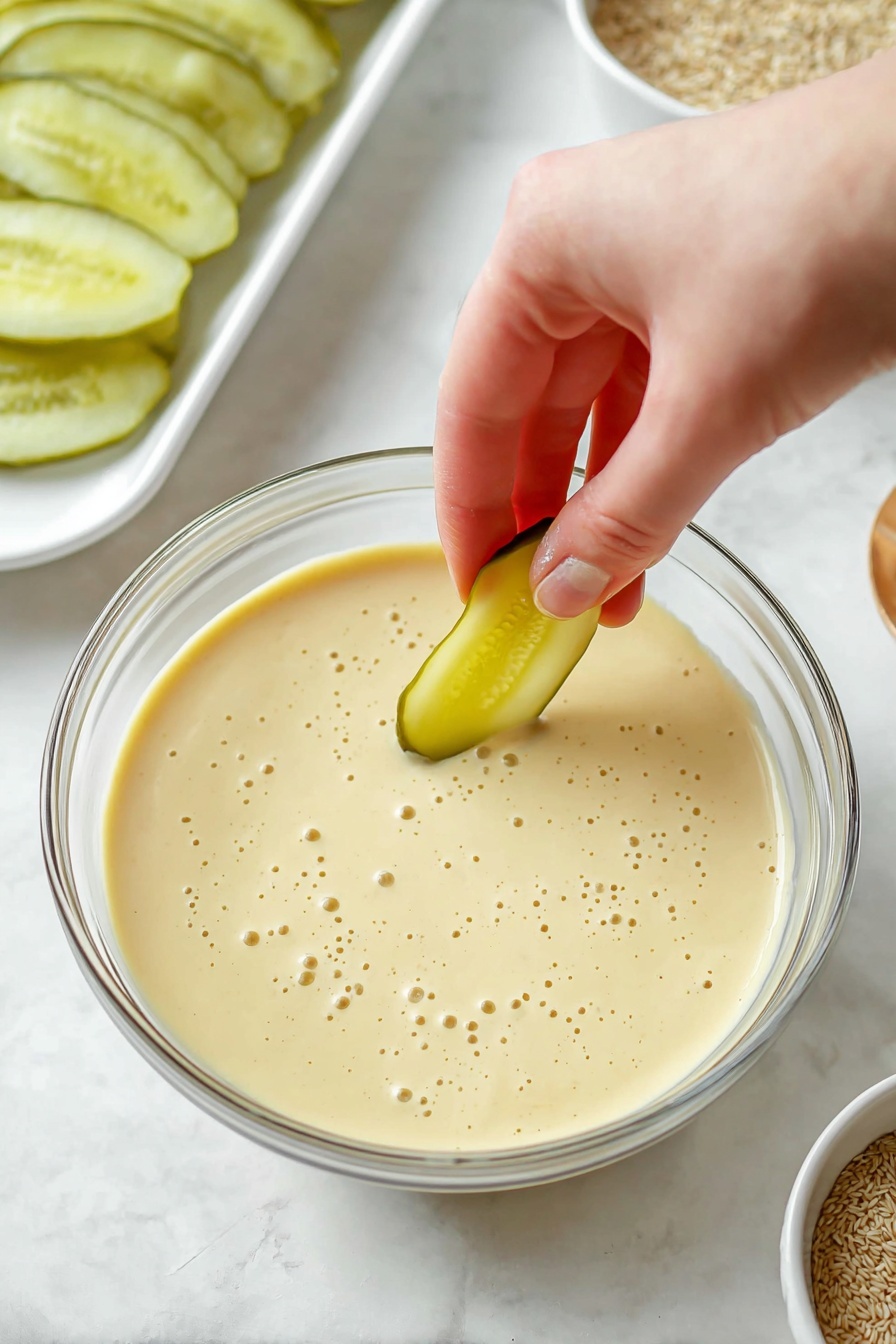 A close-up shows a woman's hand with red nail polish holding a long, golden-brown crispy stick that is partially dipped into a small white bowl filled with creamy white dipping sauce with small specks. The stick's crunchy texture is clear, and several similar sticks lie around the white bowl on a white marbled surface. Green blurred leaves are visible softly in the background. photo taken with an iphone --ar 2:3 --v 7