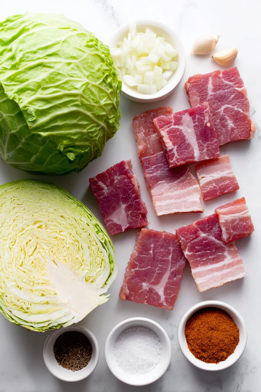 Flat lay of six raw bacon slices cut into pieces, one small peeled and diced onion, three peeled garlic cloves, a small white ceramic bowl with coarse stone ground mustard, a small white ceramic bowl with smoked paprika powder, one fresh green cabbage head sliced and chopped, small white ceramic bowls with kosher salt and freshly ground black pepper, all arranged symmetrically on a clean white marble surface, soft natural light, photo taken with an iPhone, professional food photography style, fresh ingredients, white ceramic bowls, no bottles, no duplicates, no utensils, no packaging --ar 2:3 --v 7 --p m7354615311229779997