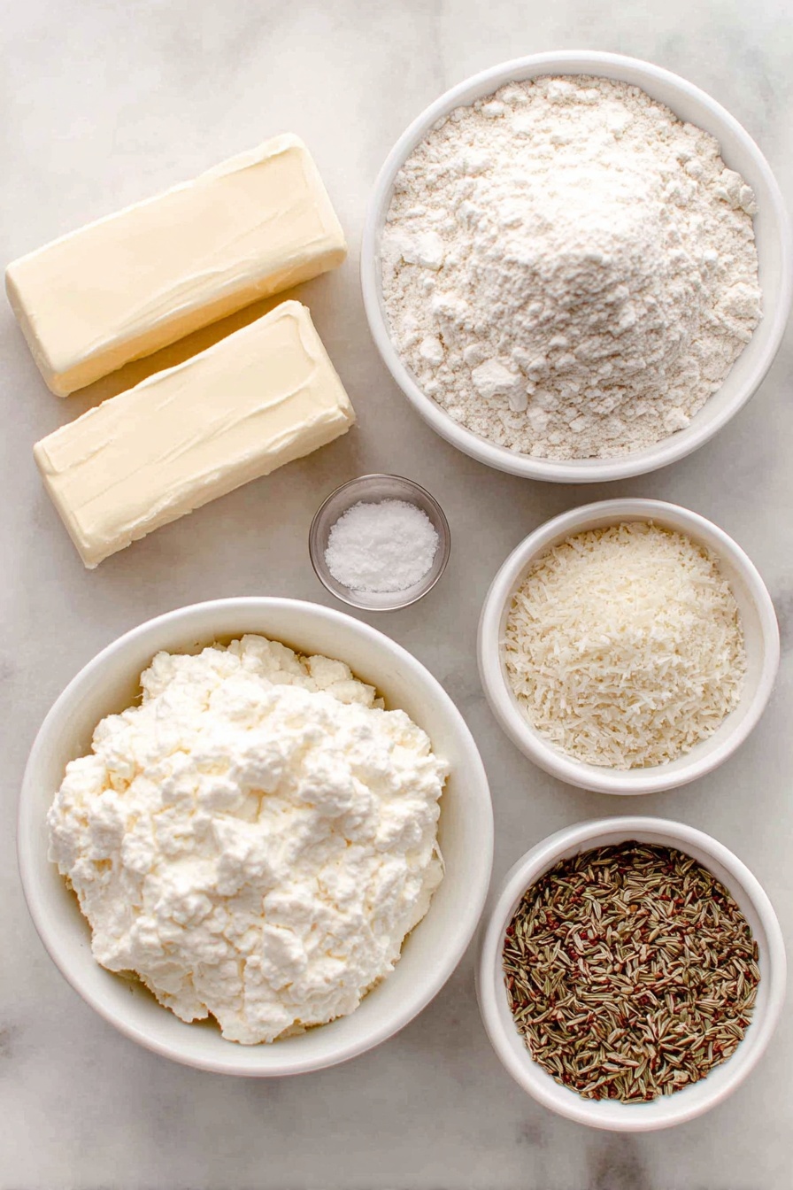 Flat lay of three tablespoons of golden butter sticks, a small mound of white all-purpose flour, a teaspoon of coarse kosher salt in a small white bowl, a small white bowl with pale beige crushed fennel and caraway seeds, a small white bowl holding creamy white buttermilk, a small white bowl containing fine white baking soda, all arranged symmetrically and naturally on a clean white marble surface, soft natural light, photo taken with an iPhone, professional food photography style, fresh ingredients, white ceramic bowls, no bottles, no duplicates, no utensils, no packaging --ar 2:3 --v 7 --p m7354615311229779997