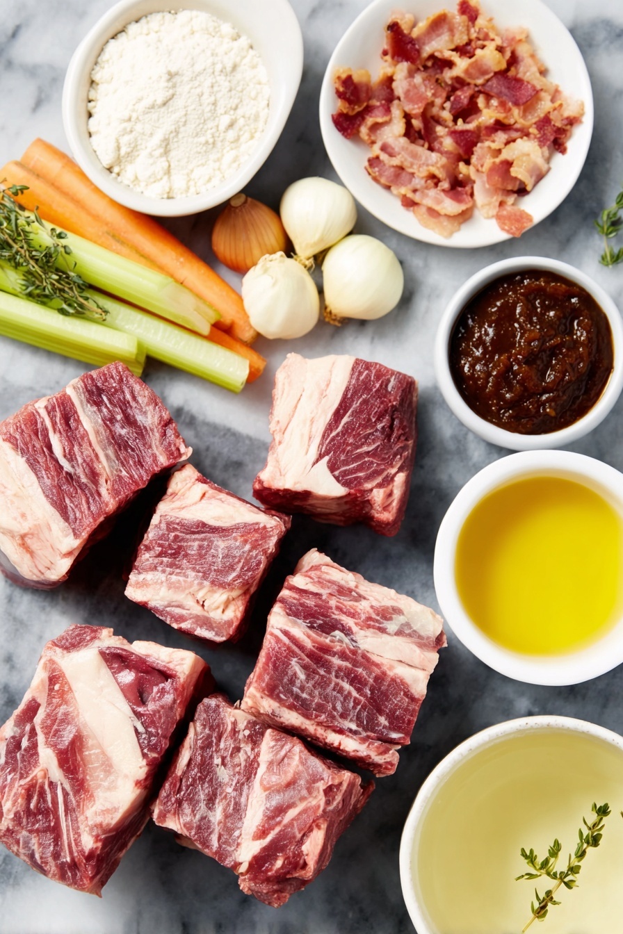 Flat lay of fresh beef chuck cut into large chunks with visible marbling, three peeled whole carrots cut into thick slices, two celery stalks cut into pieces, two whole uncracked brown onions, three whole uncracked garlic cloves, a small pile of diced bacon, a few sprigs of fresh thyme and two bay leaves next to each other, a small mound of all-purpose flour, a small white ceramic bowl filled with deep dark Guinness beer, a small white ceramic bowl holding rich red tomato paste, a small white ceramic bowl with golden olive oil, and a small white ceramic bowl of clear chicken broth, all ingredients arranged symmetrically and balanced, placed on a clean white marble surface, soft natural light, photo taken with an iPhone, professional food photography style, fresh ingredients, white ceramic bowls, no bottles, no duplicates, no utensils, no packaging --ar 2:3 --v 7 --p m7354615311229779997