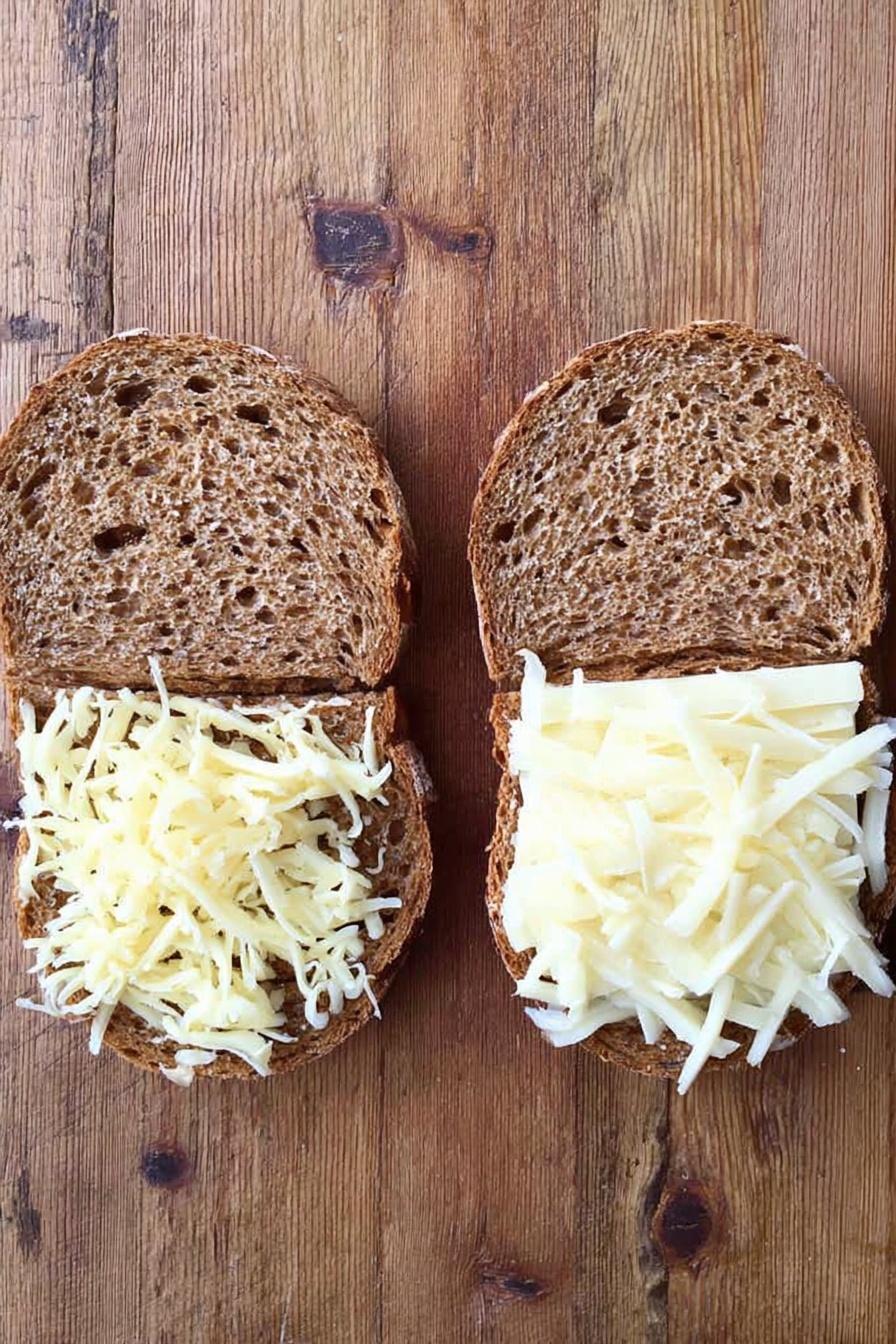 A toasted sandwich has three main layers inside two thick slices of dark brown bread with grill marks on top. The top layer is melted white cheese that looks soft and creamy, slightly dripping down the sides. Below the cheese is a large stack of thin, folded pinkish-red deli meat with a bit of shine and texture. The bottom layer is light-colored sauerkraut, with shredded pieces showing through between the meat and bread. A woman's hands with white nails hold the top half of the sandwich, lifting it slightly above the bottom half. The sandwich sits on a white marbled surface. Photo taken with an iphone --ar 2:3 --v 7