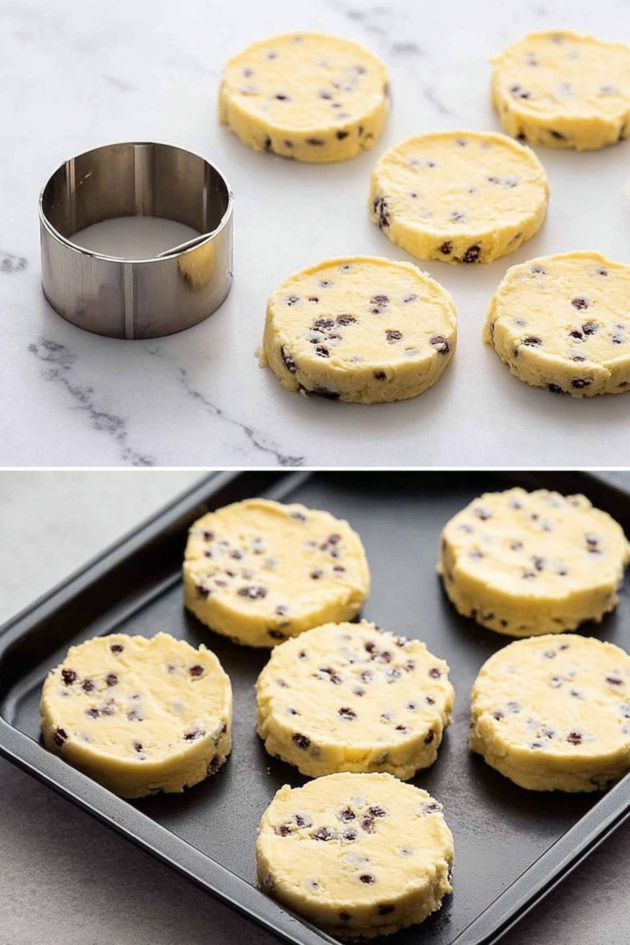 Two scones each layered in the middle with bright red jam and thick white cream. The scones are golden brown with a rough, crumbly texture and have small dark spots from raisins. The bottom scone supports a thick layer of jam that slightly falls over the edge, topped by a smooth, fluffy white cream layer and finished with the upper scone. Both scones sit on white plates with thin black rims, all placed on a white marbled surface. Photo taken with an iphone --ar 2:3 --v 7