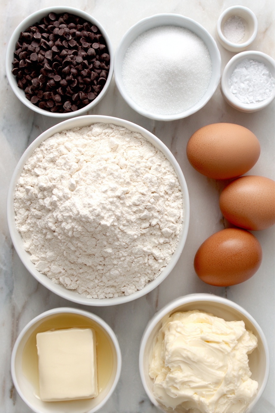 Flat lay of a small mound of all-purpose flour, a small white bowl of granulated sugar, a small white bowl with baking powder, a small white bowl with baking soda, a small white bowl with coarse salt, a small white bowl filled with dark chocolate chips, a small white bowl of creamy buttermilk, a small white bowl holding melted butter, two large whole brown eggs arranged side by side, all ingredients fresh and natural, placed on a clean white marble surface, soft natural light, photo taken with an iPhone, professional food photography style, fresh ingredients, white ceramic bowls, no bottles, no duplicates, no utensils, no packaging --ar 2:3 --v 7 --p m7354615311229779997